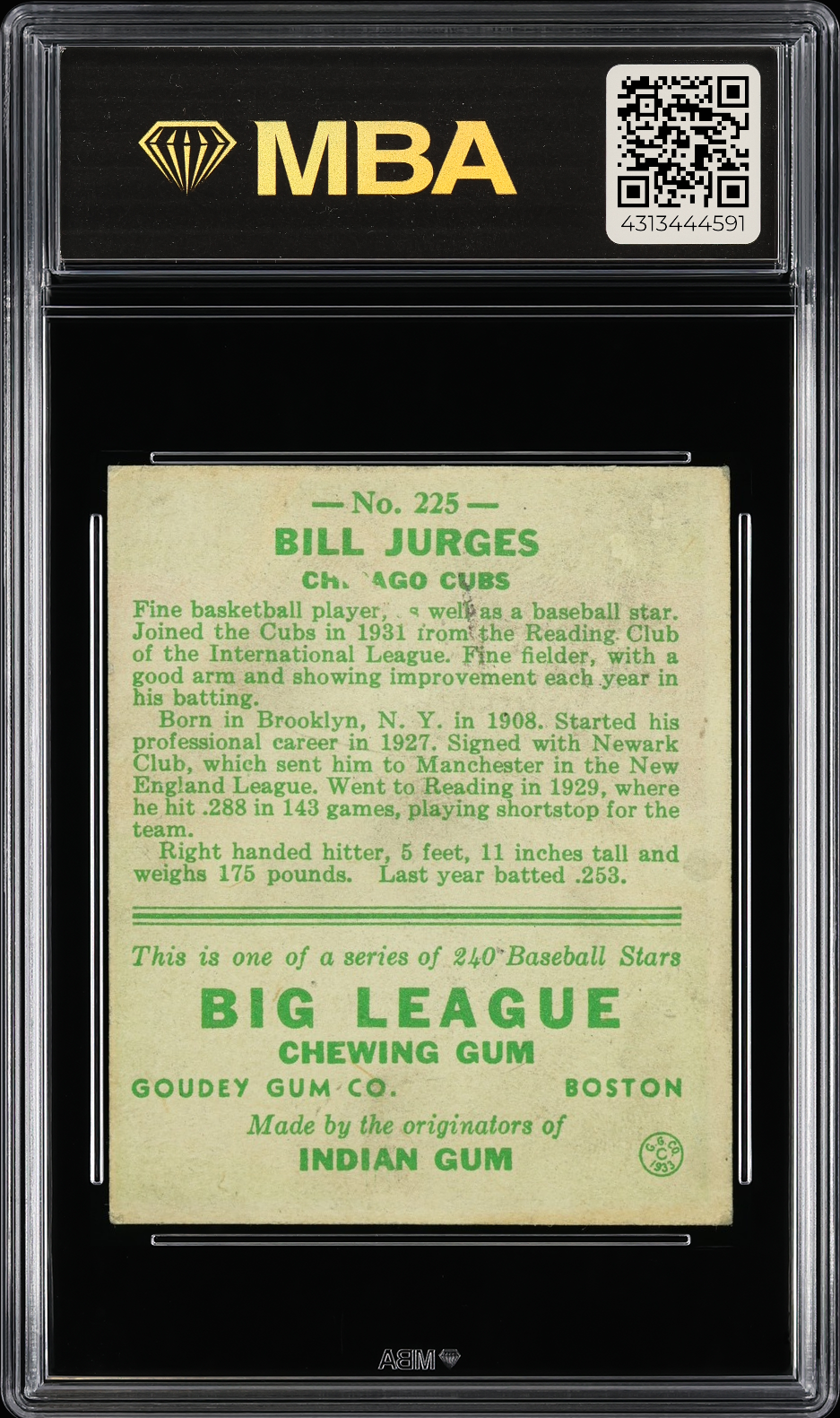 1933 Goudey Bill Jurges #225 MBA 2