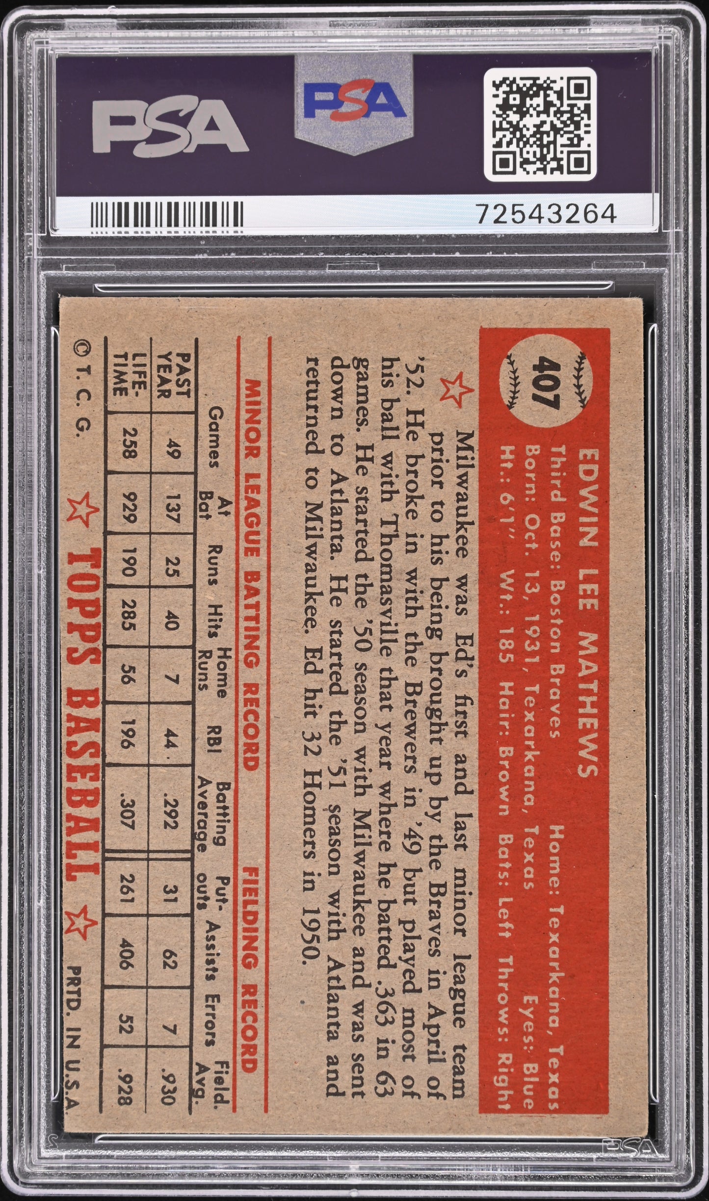 1952 Topps Ed Mathews #407 PSA 3.5