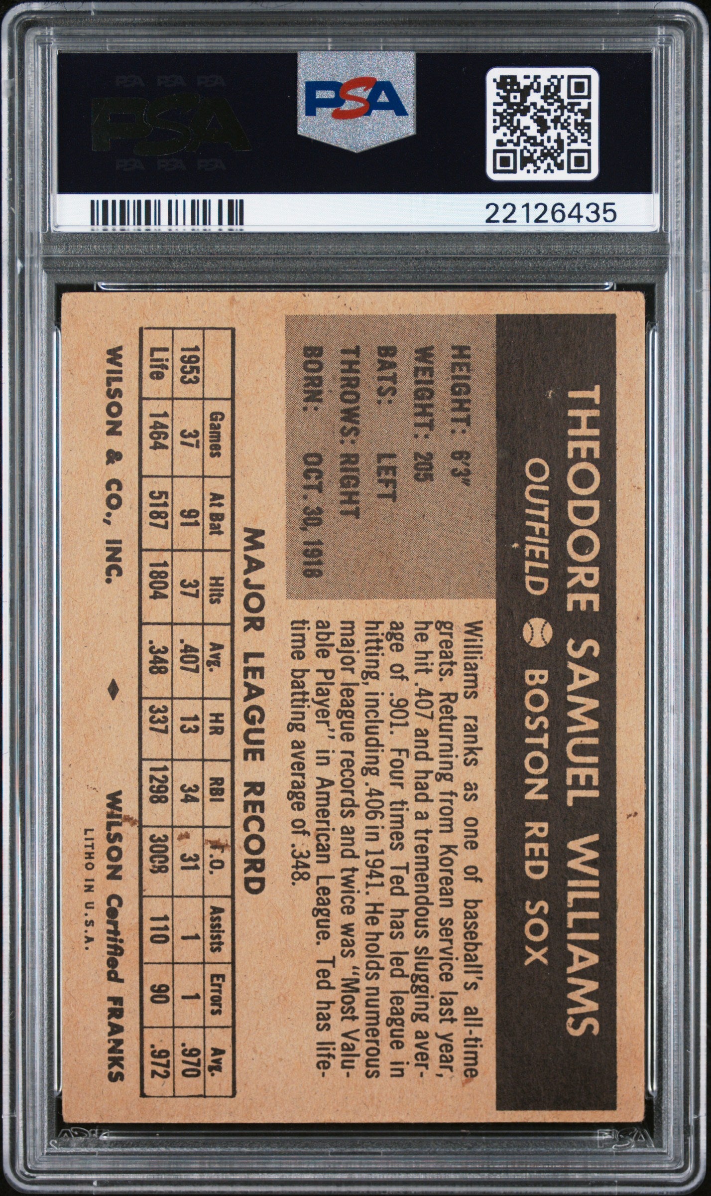 1954 Wilson Franks Ted Williams PSA 3