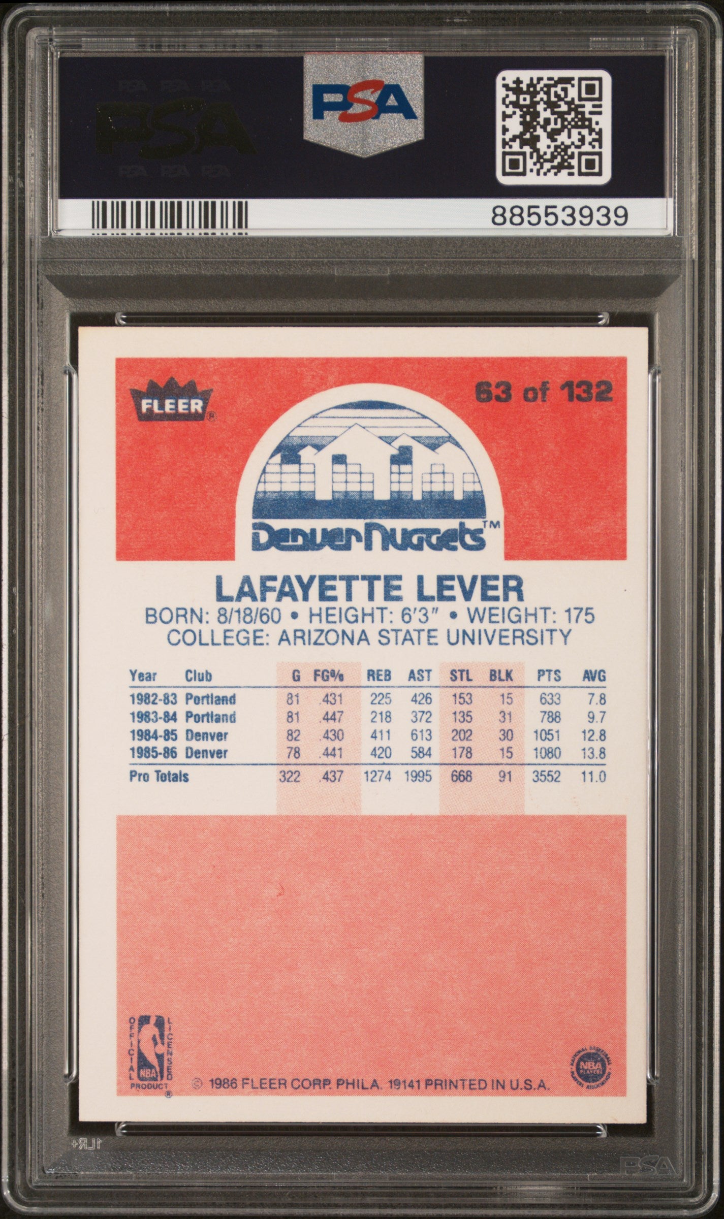 1986 Fleer Lafayette Lever #63 PSA 9