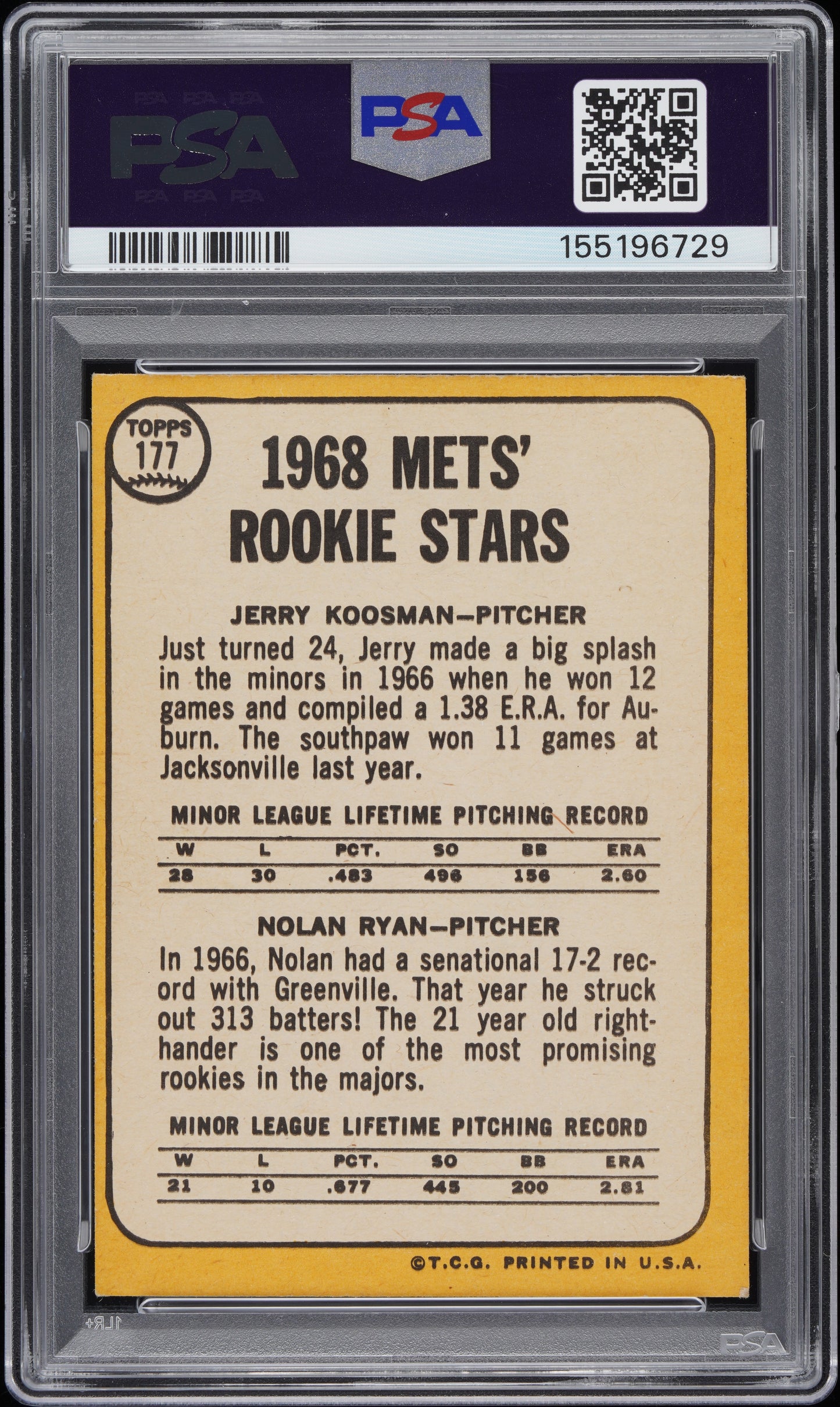 1968 Topps Mets Rookies #177 J. Koosman N. Ryan PSA 7