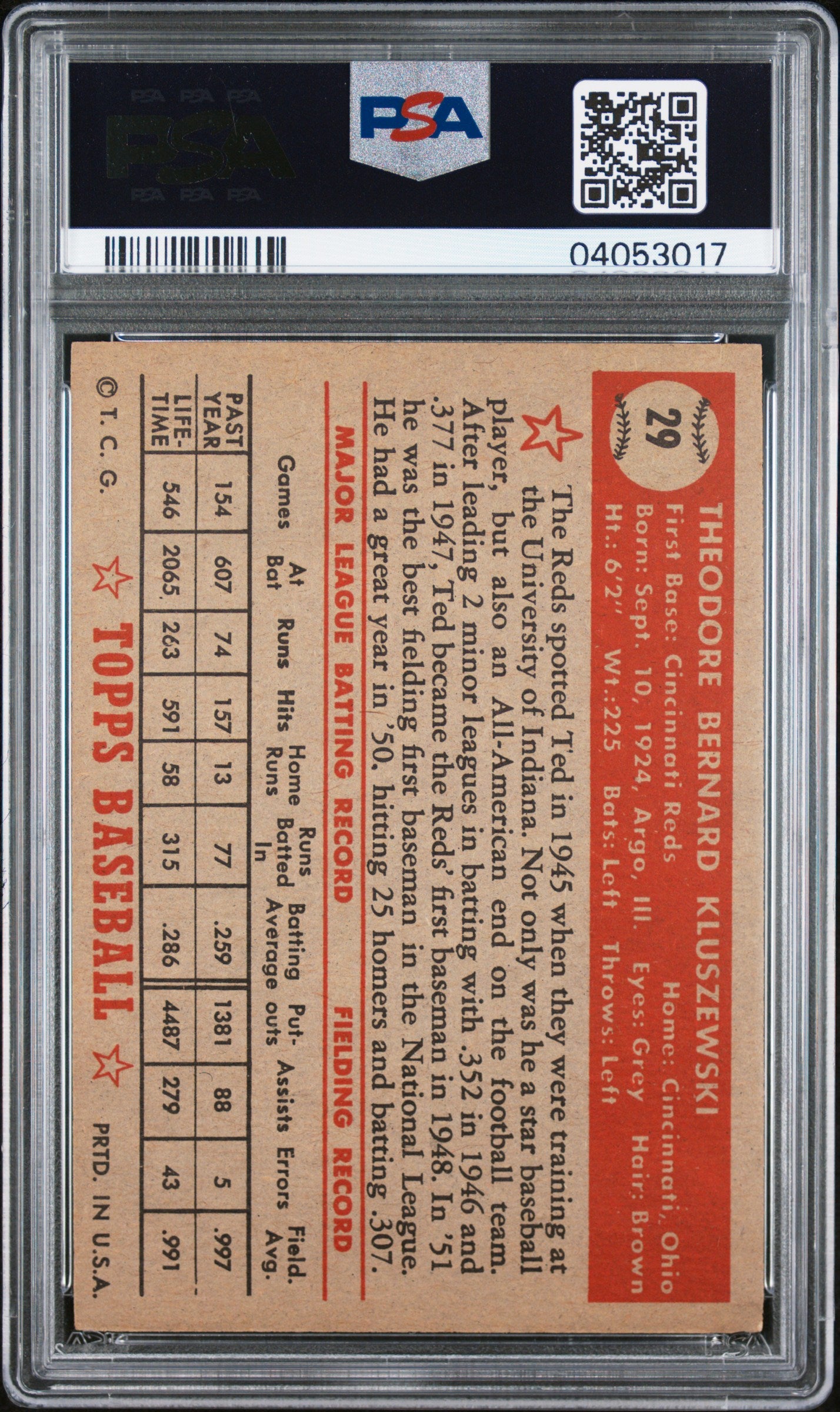 1952 Topps Ted Kluszewski #29 PSA 7