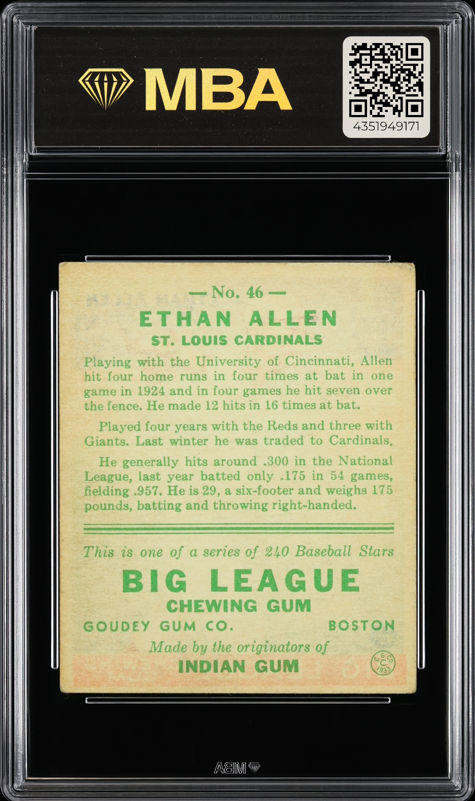 1933 Goudey Ethan Allen #46 MBA 3.5