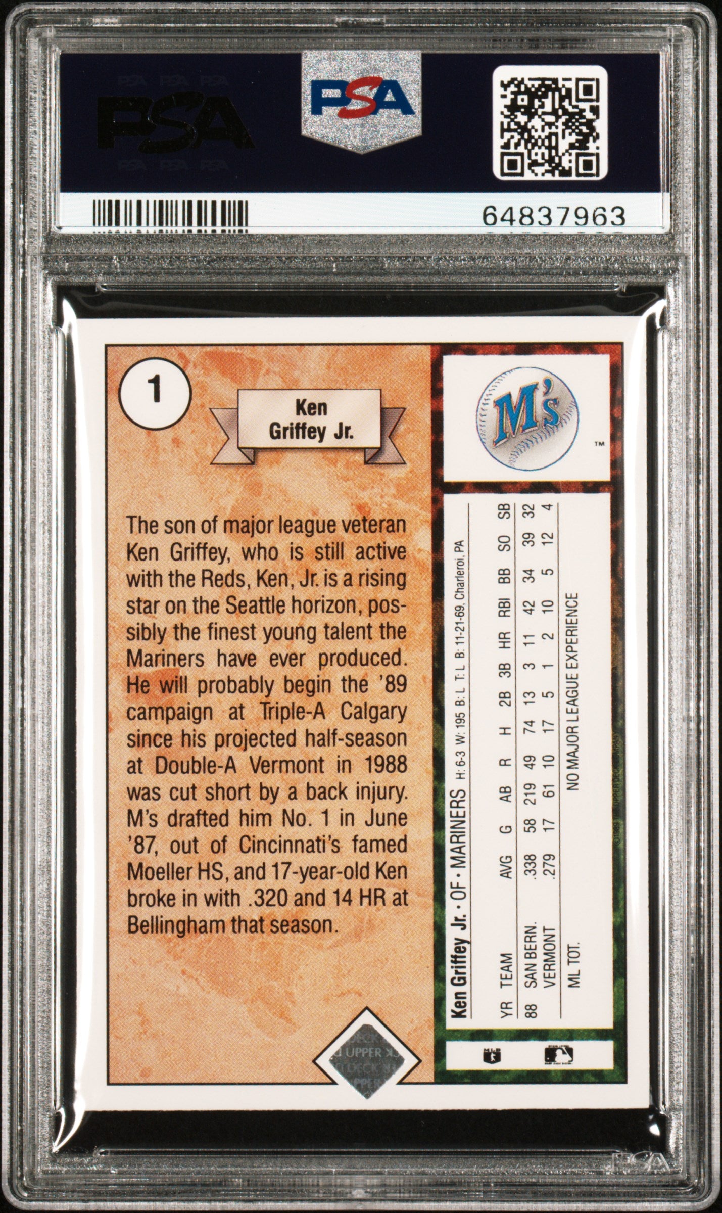 1989 Upper Deck Ken Griffey JR. #1 Star Rookie PSA 9 Auto 10