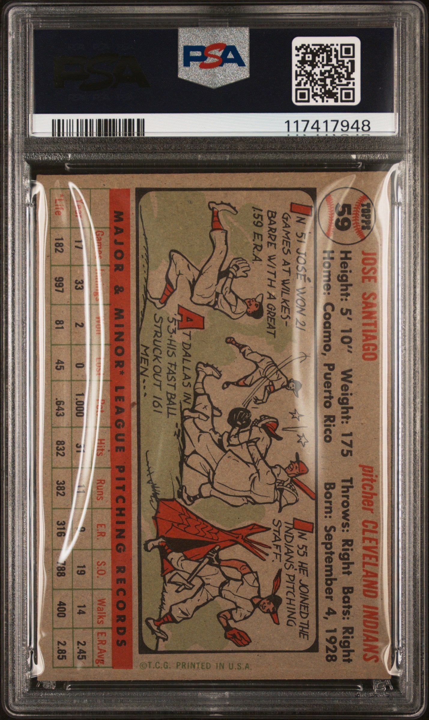 1956 Topps Jose Santiago #59 Gray Back PSA 7
