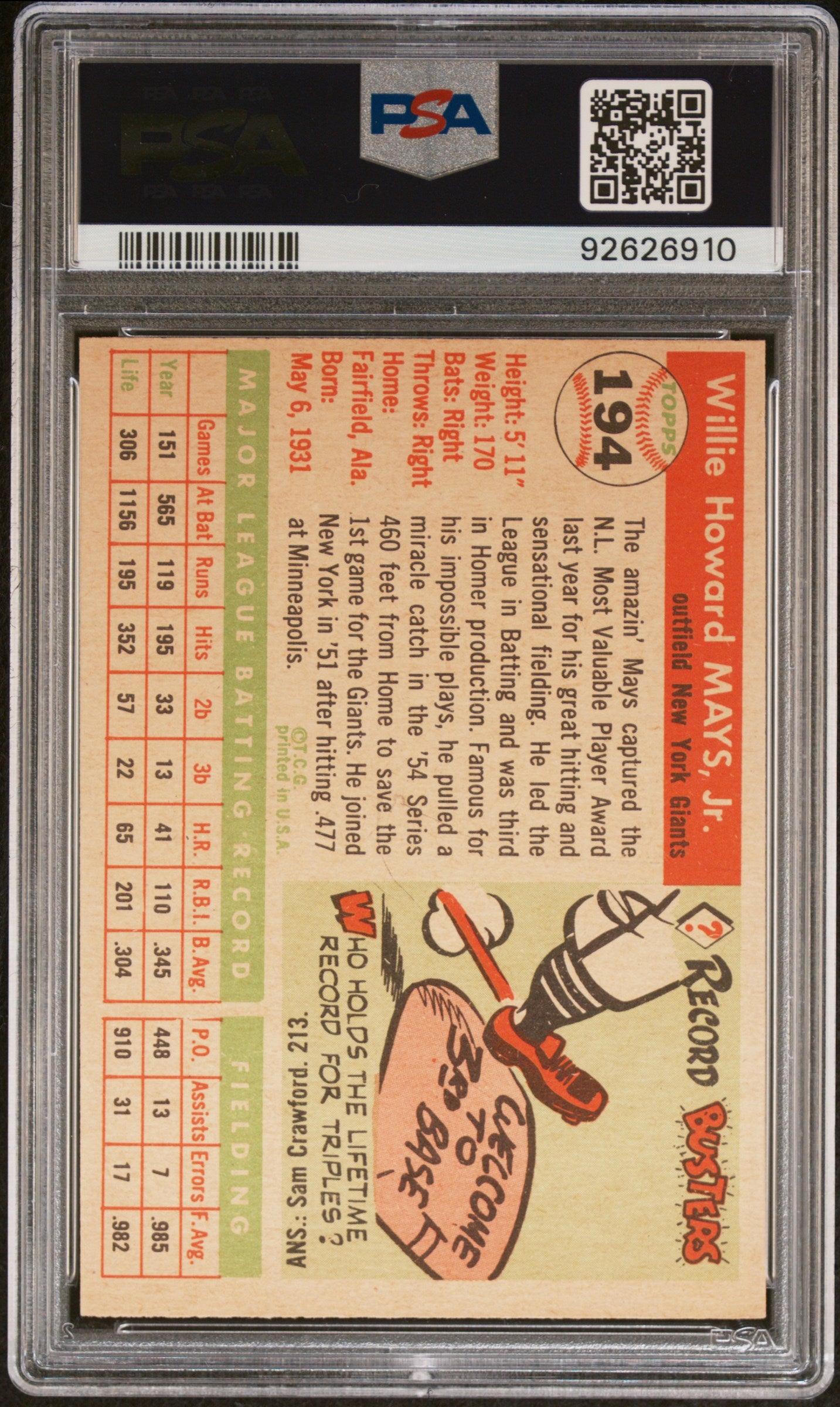 1955 Topps Willie Mays #194 PSA 6