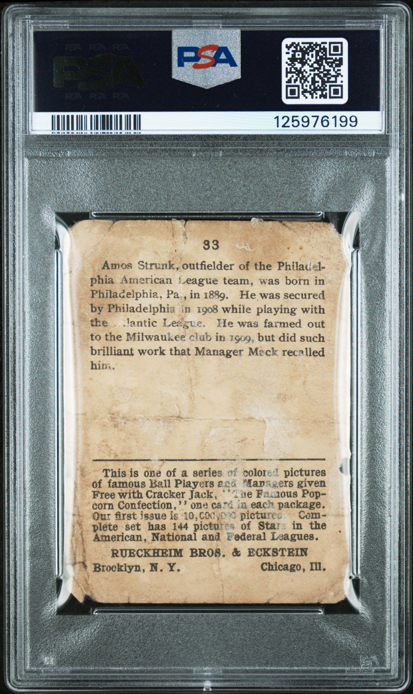 1914 Cracker Jack Amos Strunk #33 PSA 1