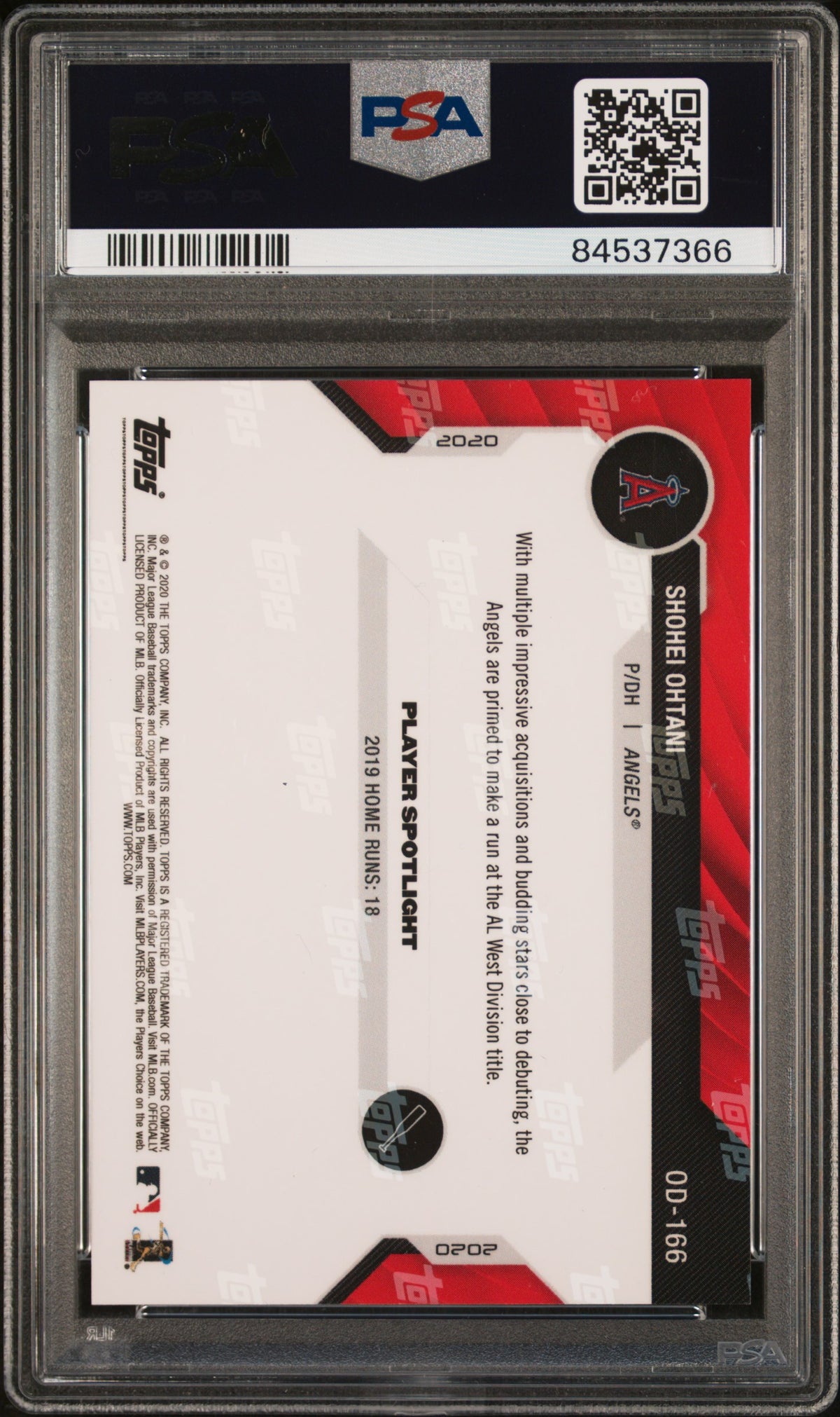 2020 Topps Now Road To Opening Day Shohei Ohtani #OD166 Orange PSA 9 2/5