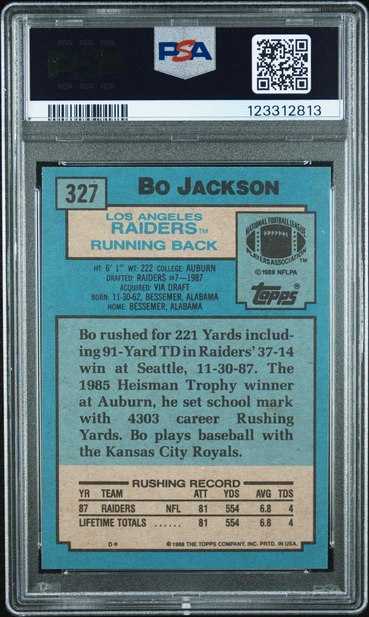 1988 Topps Bo Jackson #327 PSA 8 Auto 10