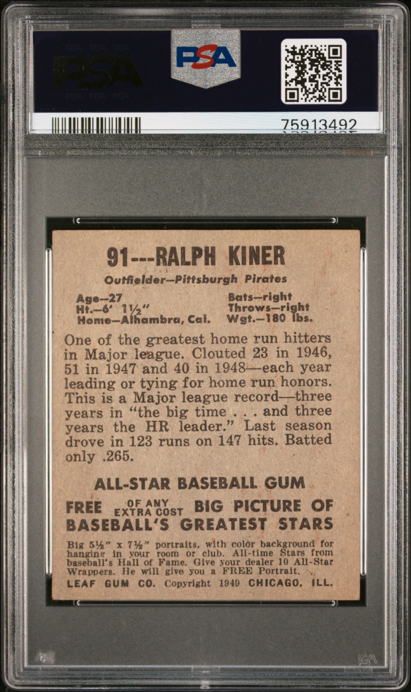 1948 Leaf Ralph Kiner #91 PSA 4