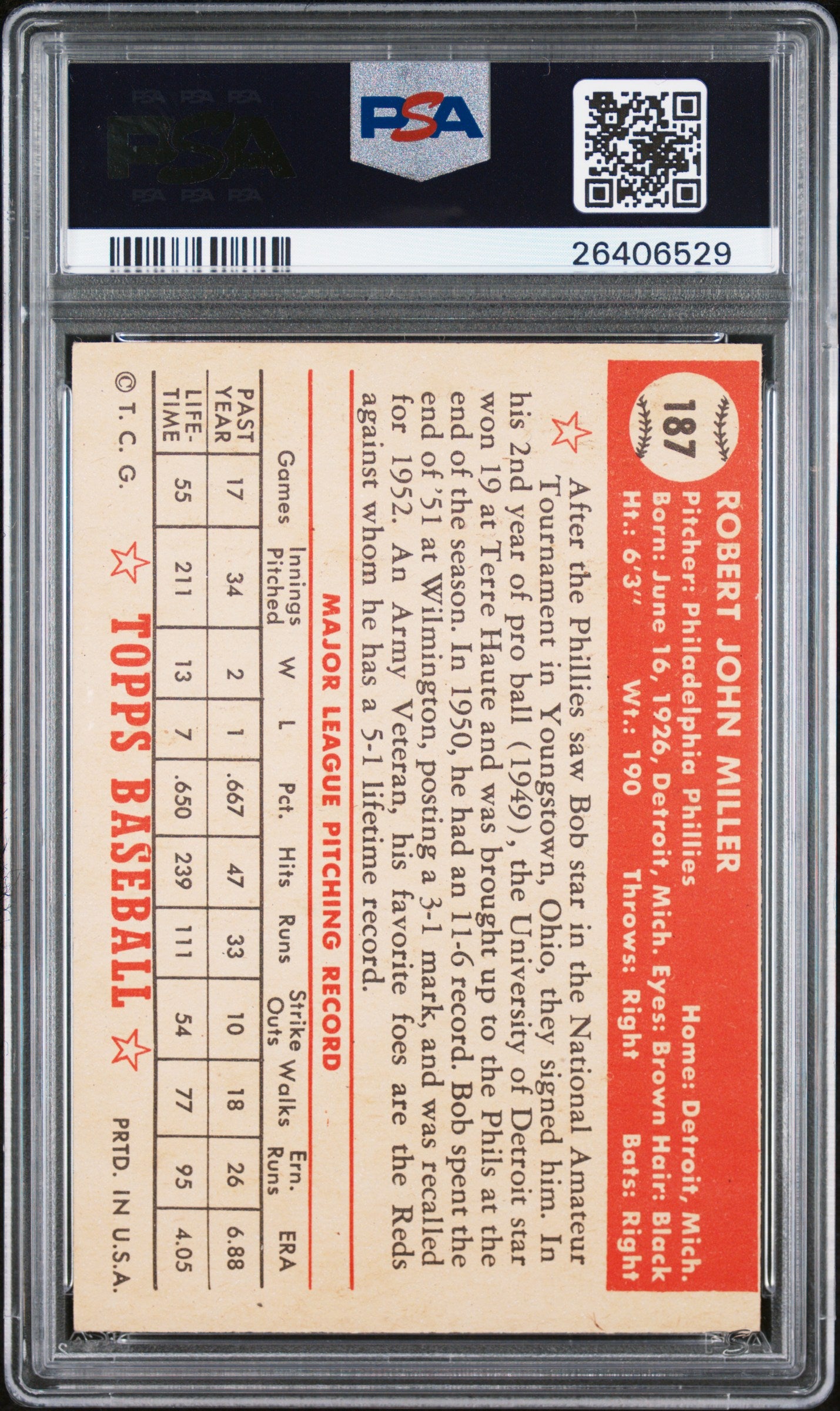 1952 Topps Bob Miller #187 PSA 7
