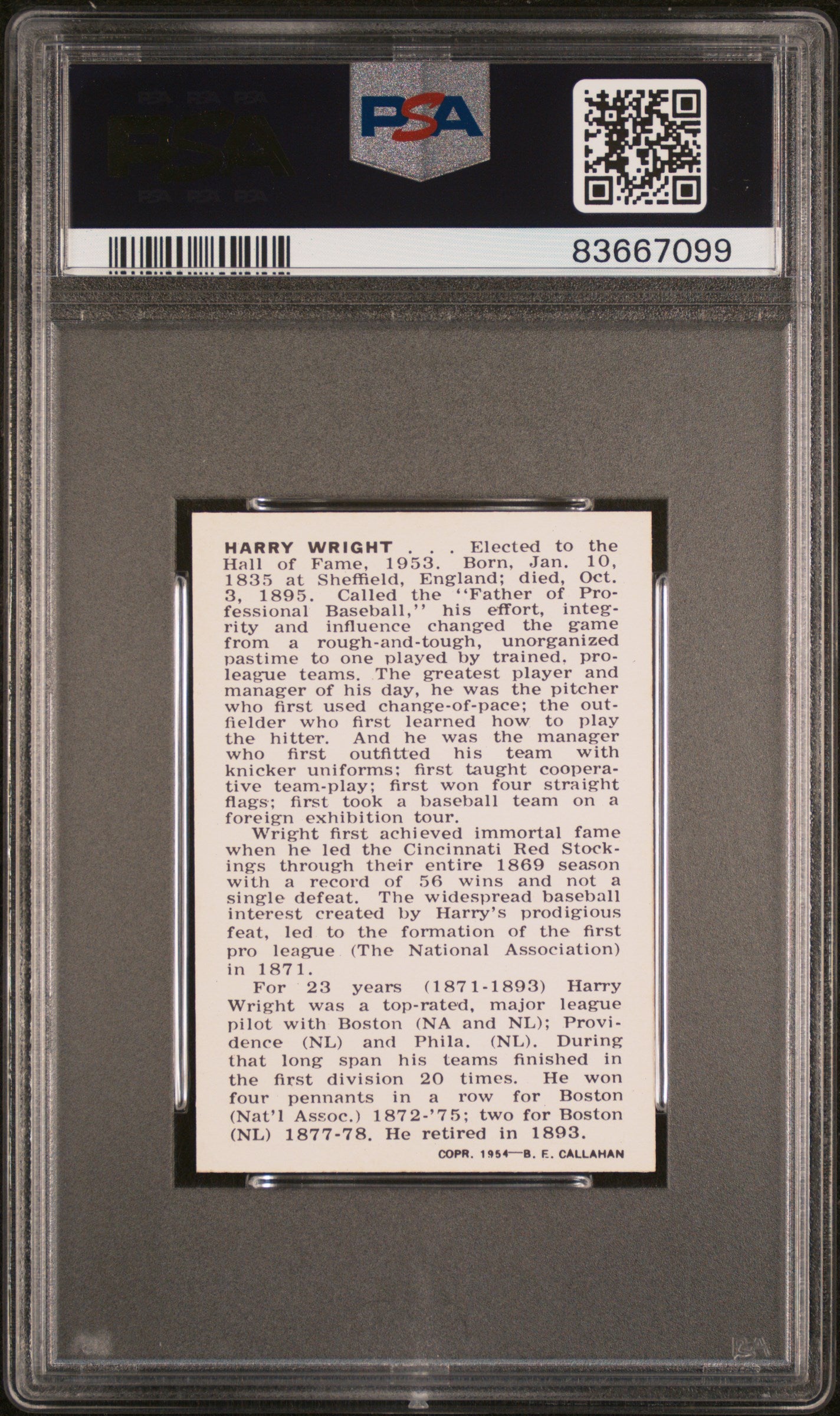 1950 Callahan Hall Of Fame Harry Wright PSA 8
