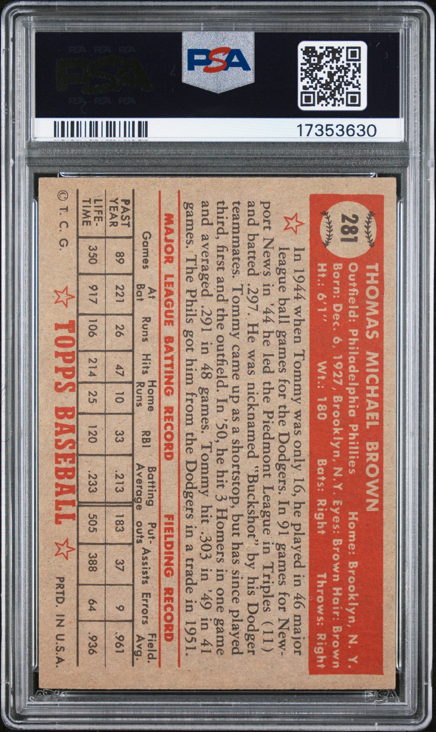 1952 Topps Tommy Brown #281 PSA 7