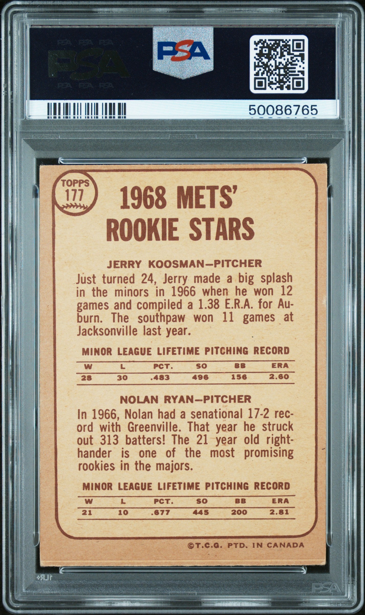 1968 O-Pee-Chee Mets Rookies #177 J. Koosman N. Ryan PSA 5