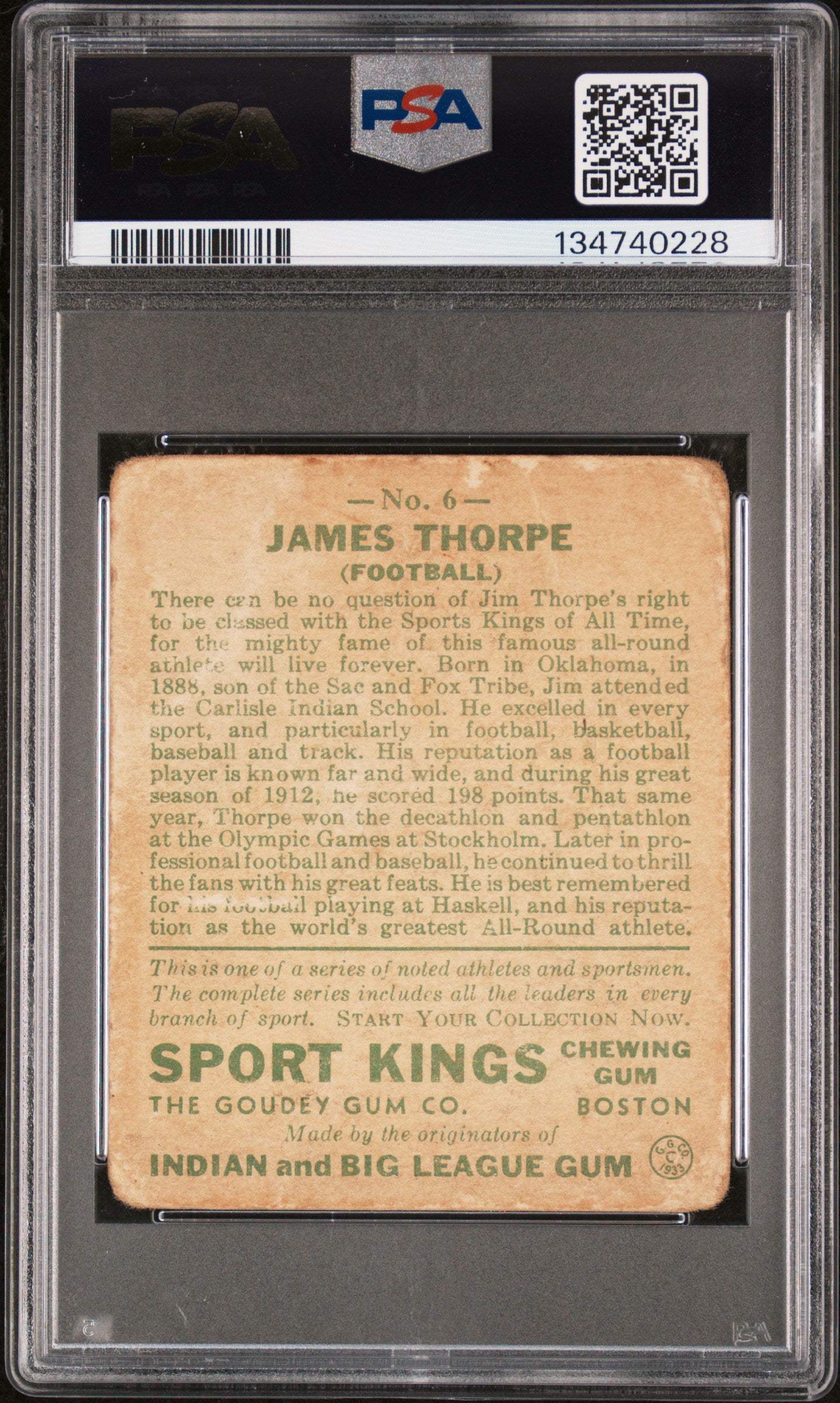 1933 Sport Kings Jim Thorpe #6 Football PSA 1