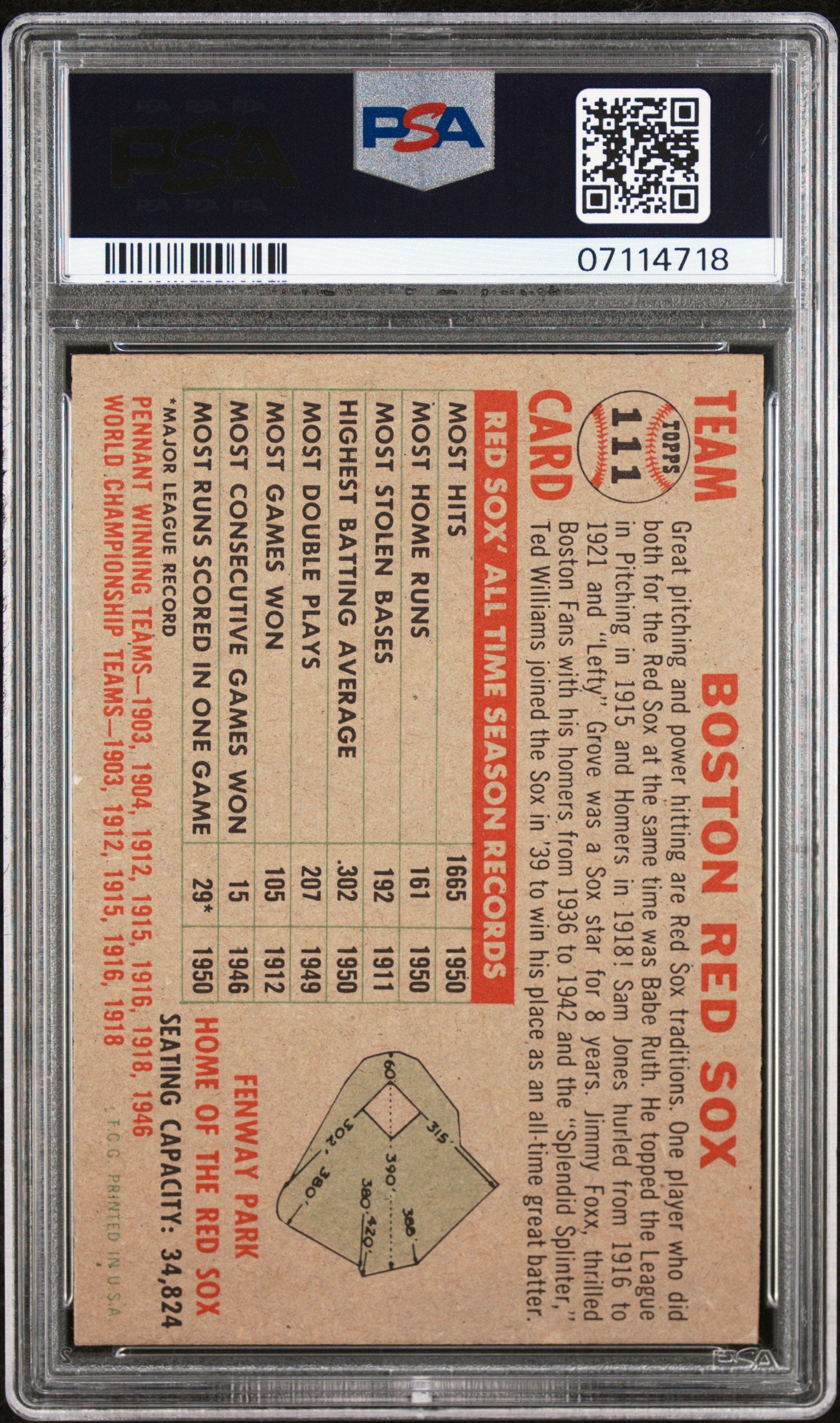 1956 Topps Red Sox Team #111 Gray Back PSA 8