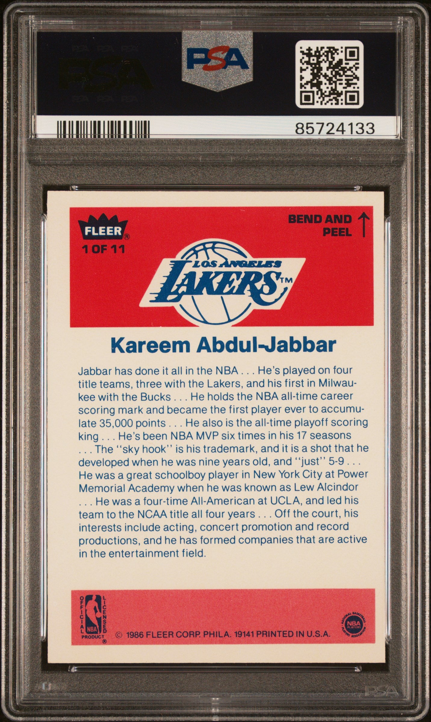 1986 Fleer Sticker K. Abdul-Jabbar #1 PSA 7