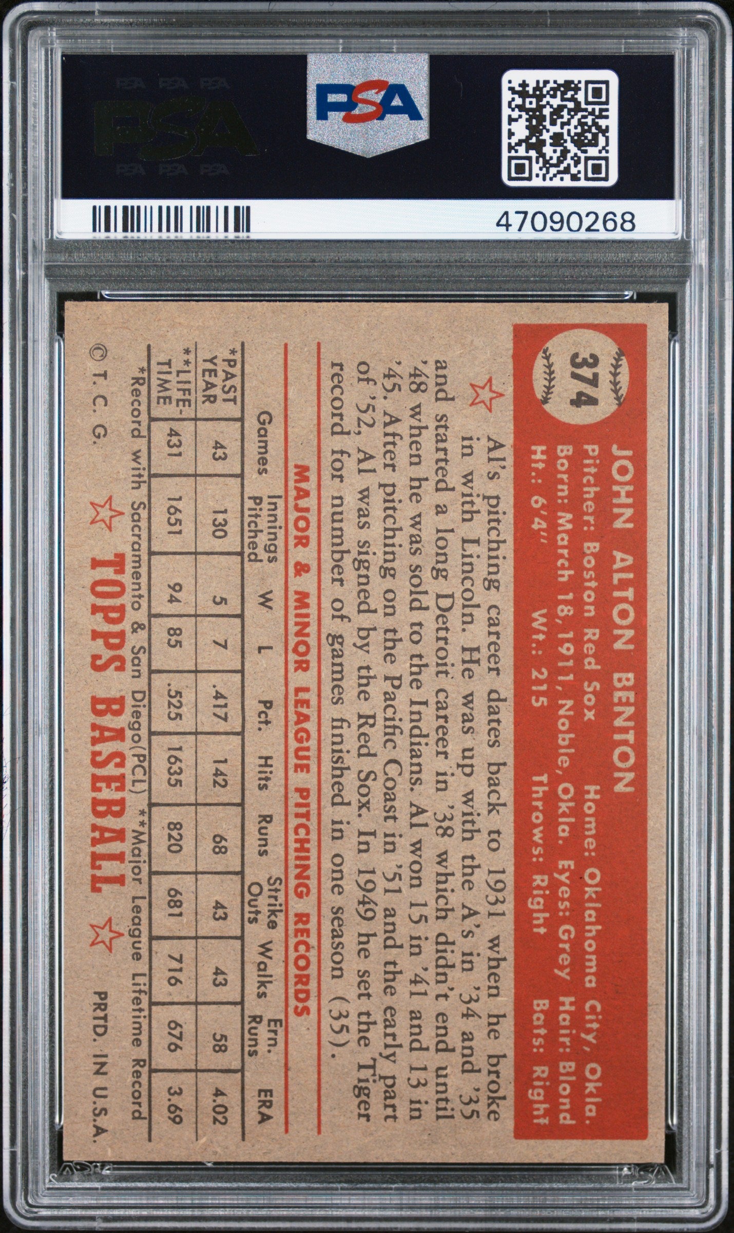 1952 Topps Al Benton #374 PSA 7