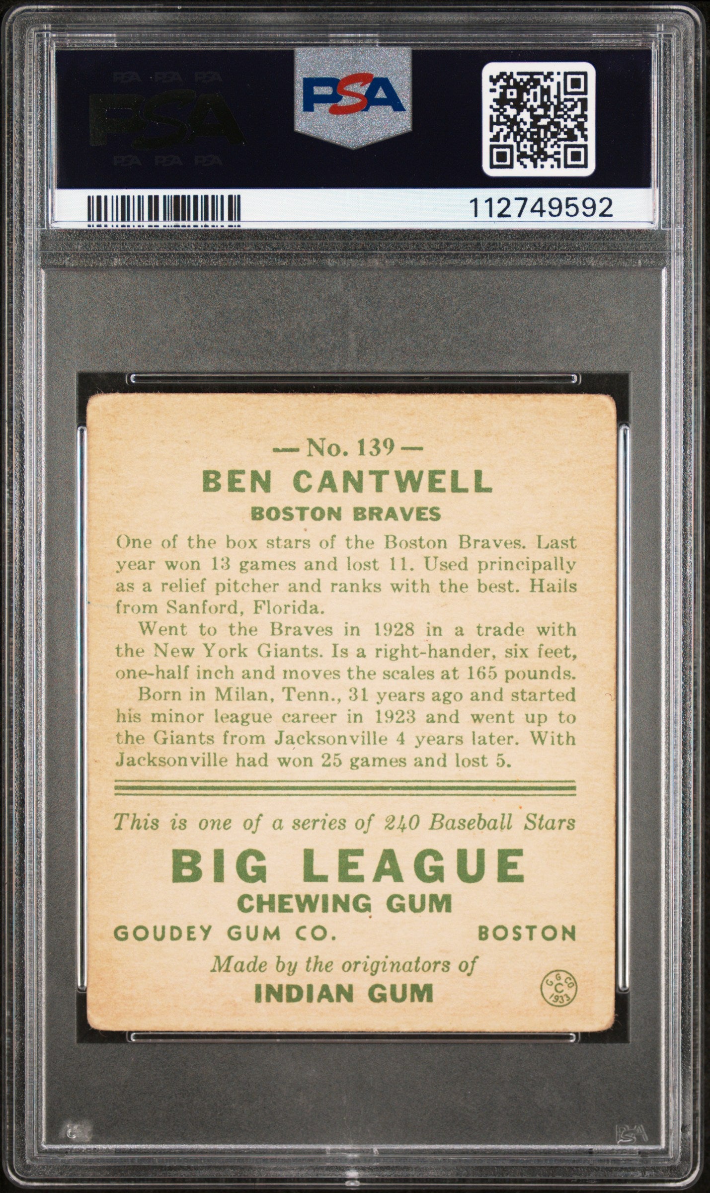 1933 Goudey Ben Cantwell #139 PSA 2