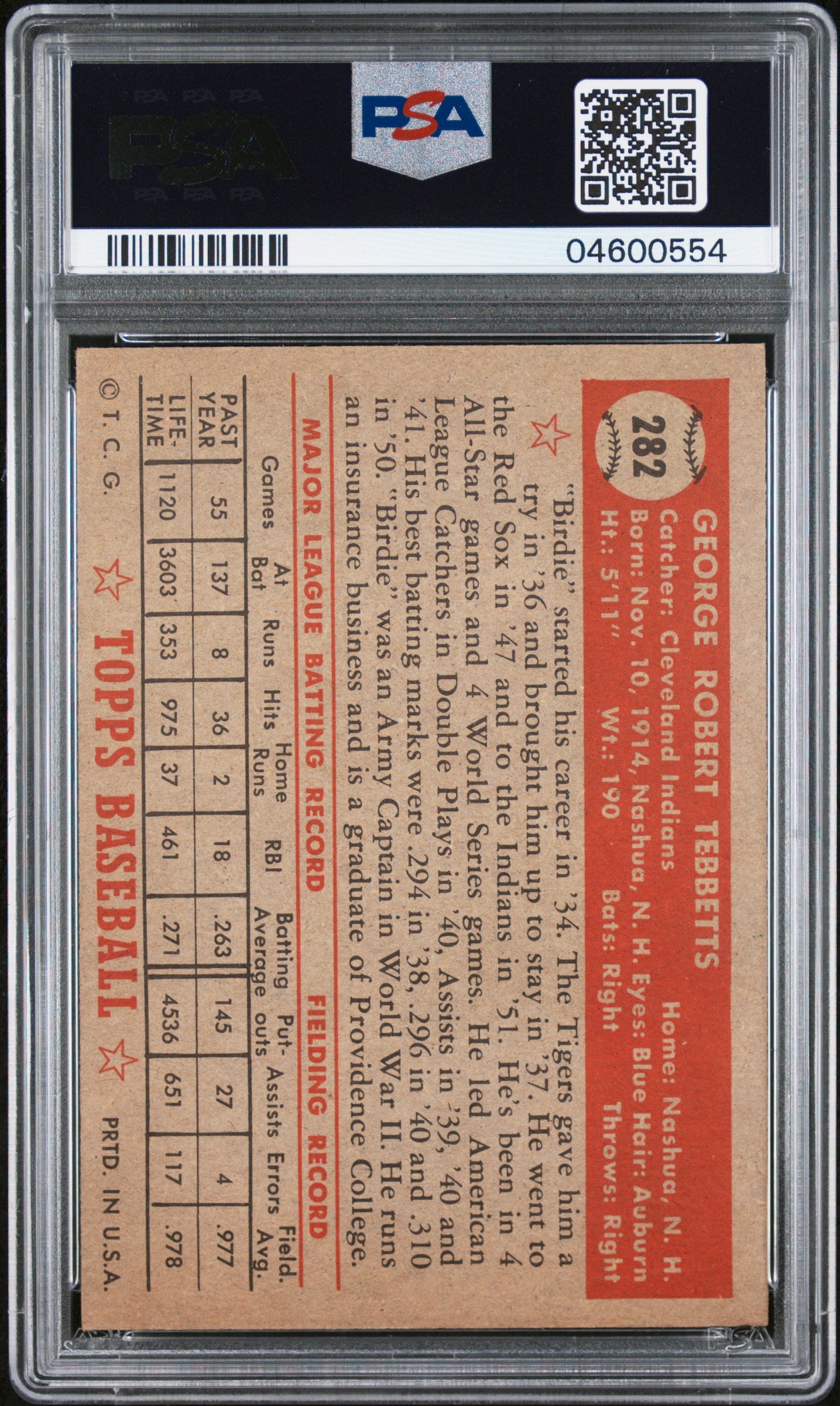 1952 Topps Birdie Tebbetts #282 PSA 7