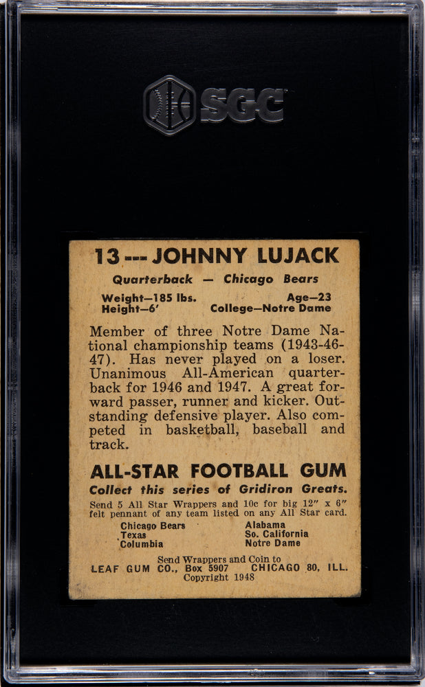 1948 Leaf Gum Co. Johnny Lujack #13 SGC 4