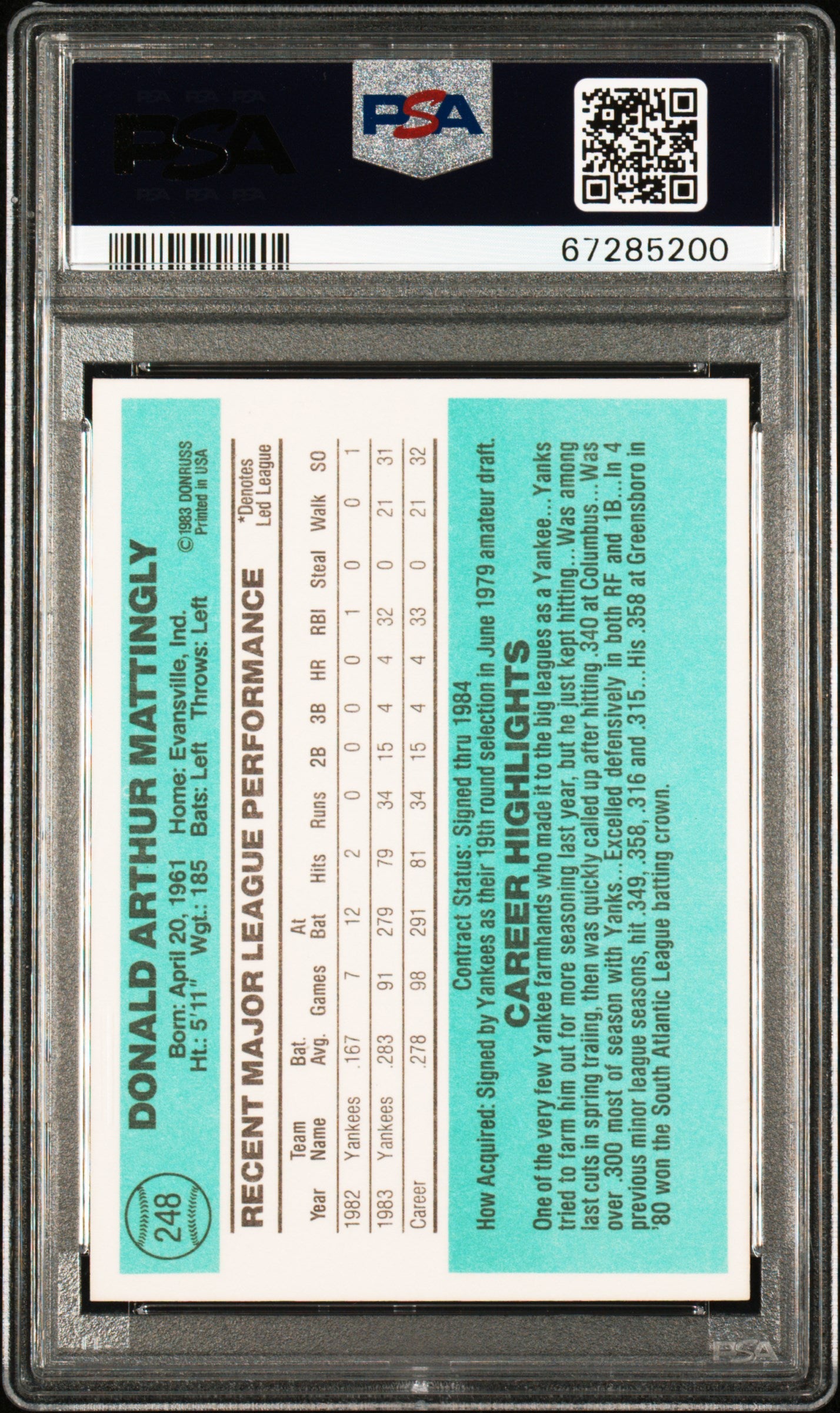 1984 Donruss Don Mattingly #248 PSA 9