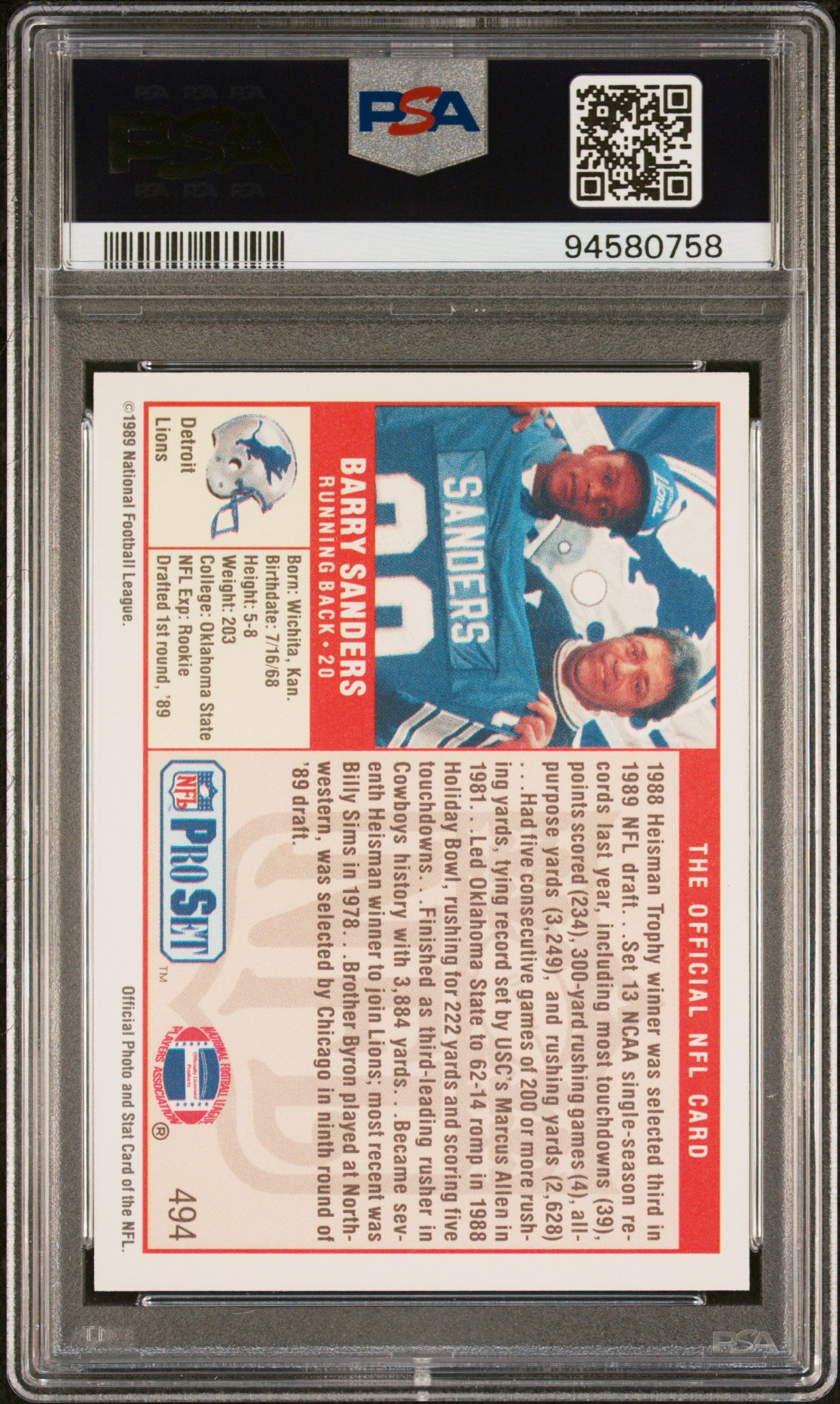 1989 Pro Set Barry Sanders #494 PSA 10