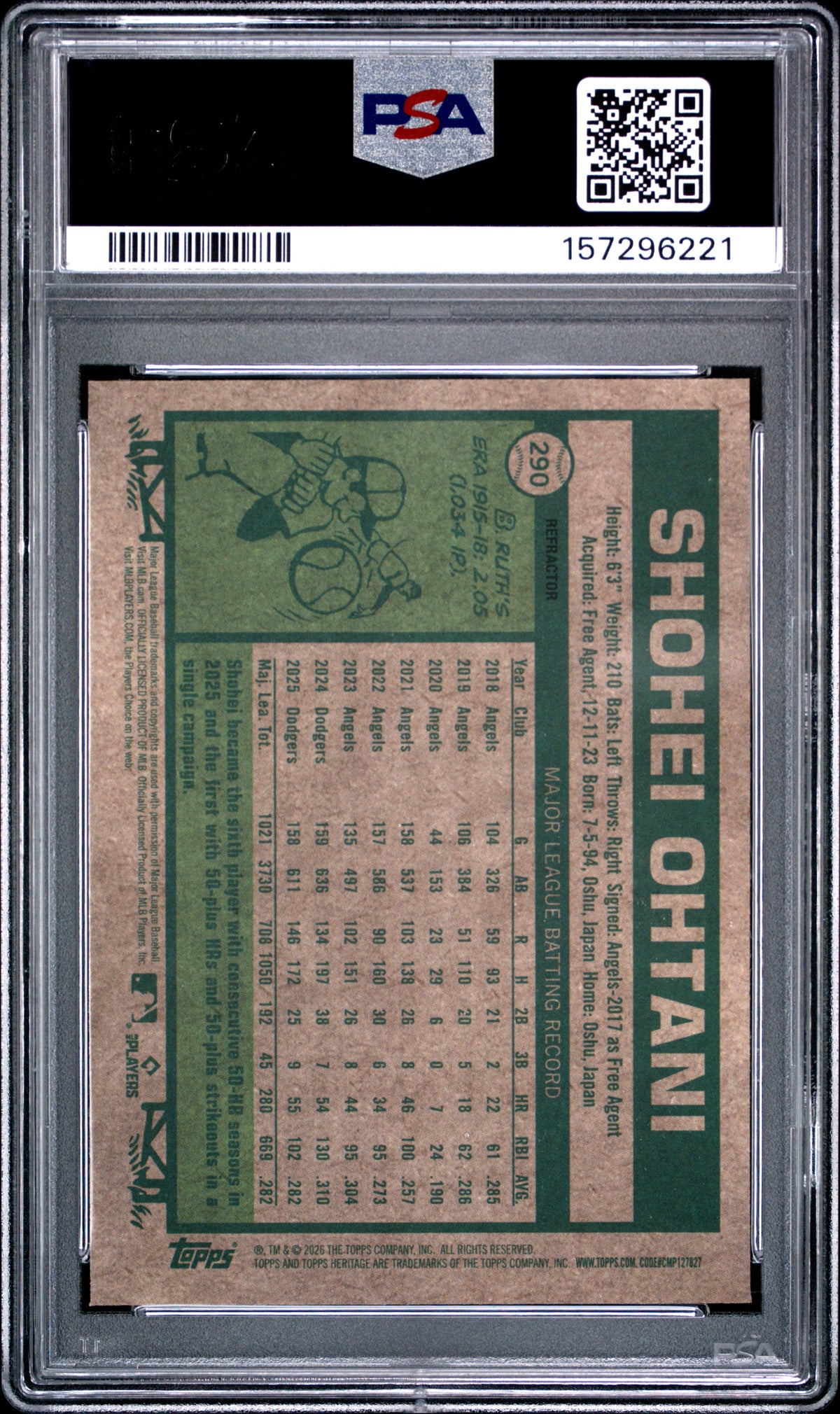2026 Topps Heritage Shohei Ohtani #290 Chrome Refractor PSA 10