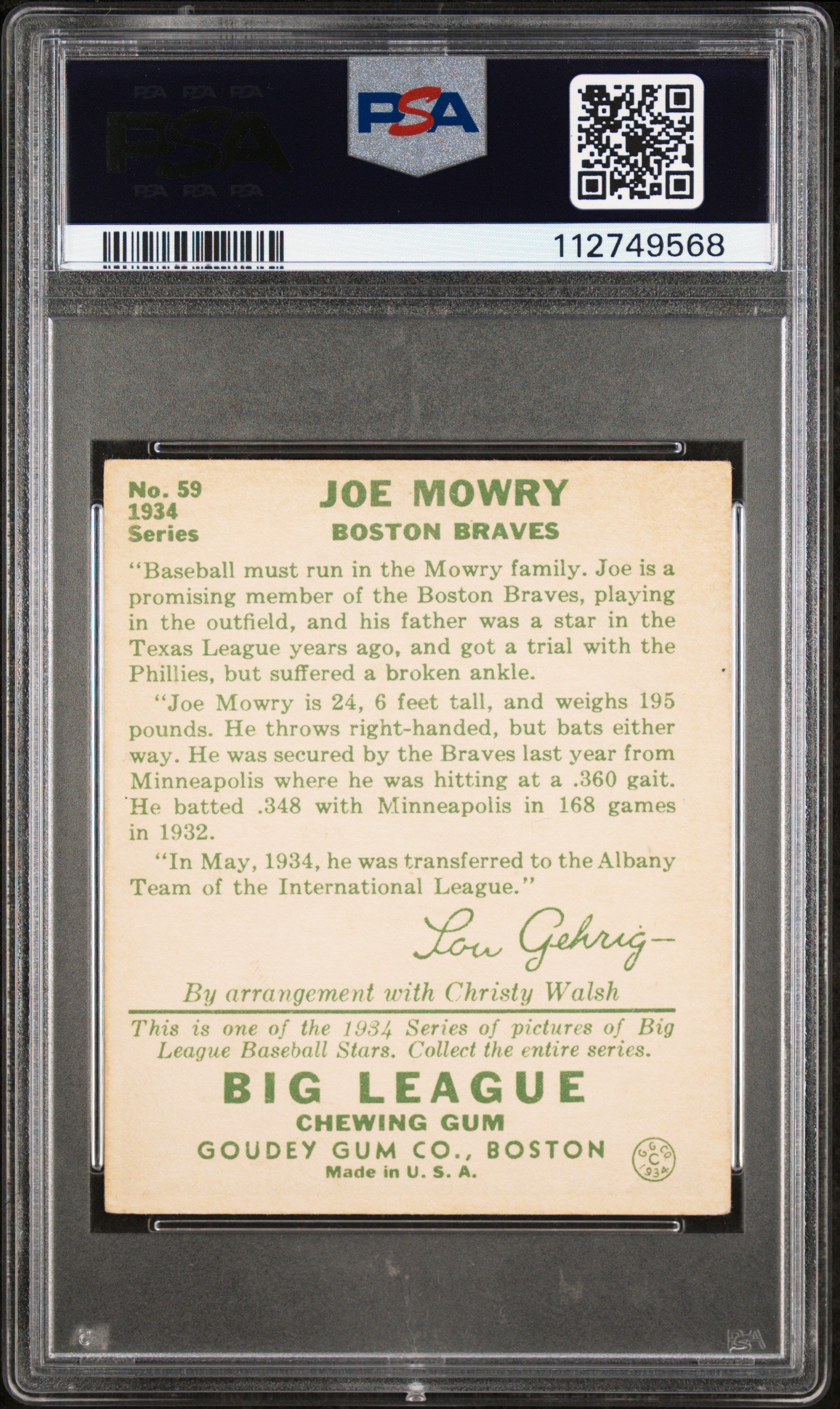 1934 Goudey Joe Mowry #59 PSA 4