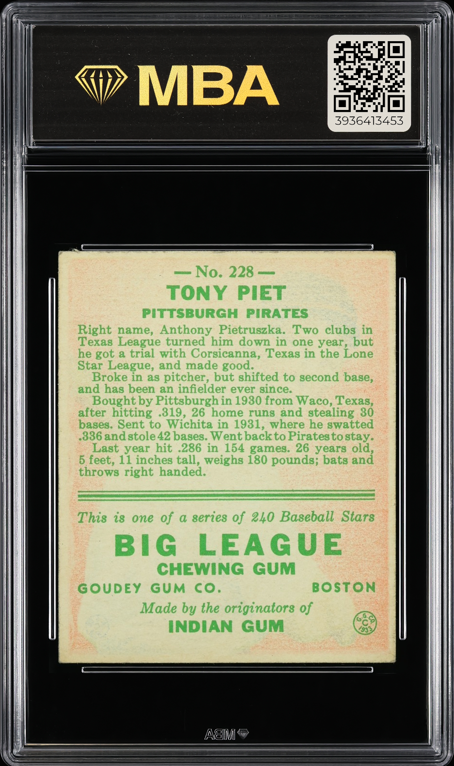 1933 Goudey Tony Piet #228 MBA 4