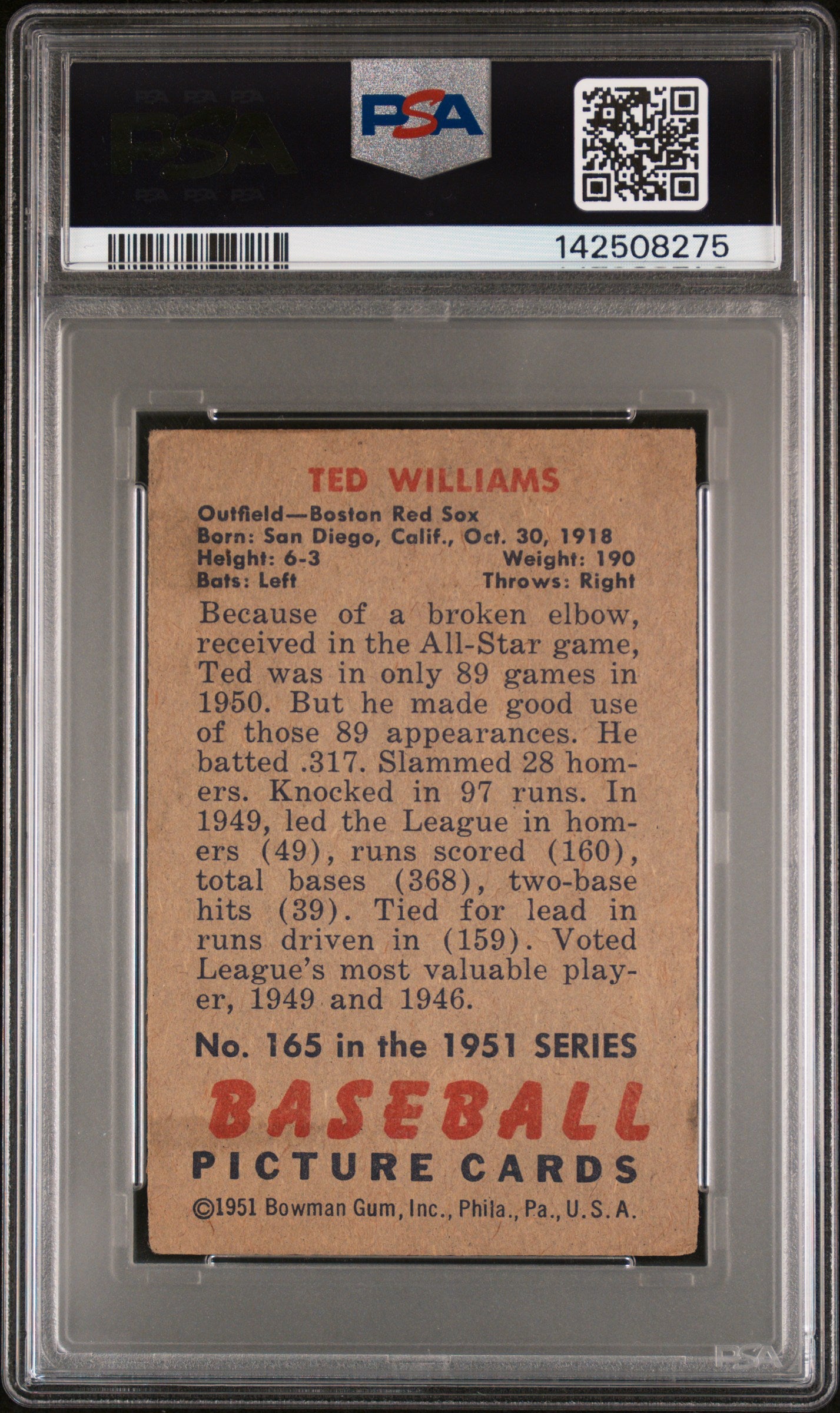 1951 Bowman Ted Williams #165 PSA 2