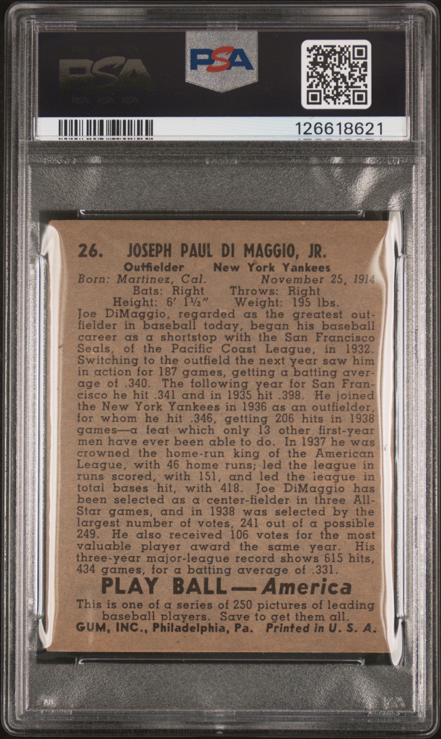 1939 Play Ball Joe Dimaggio #26 PSA 3.5