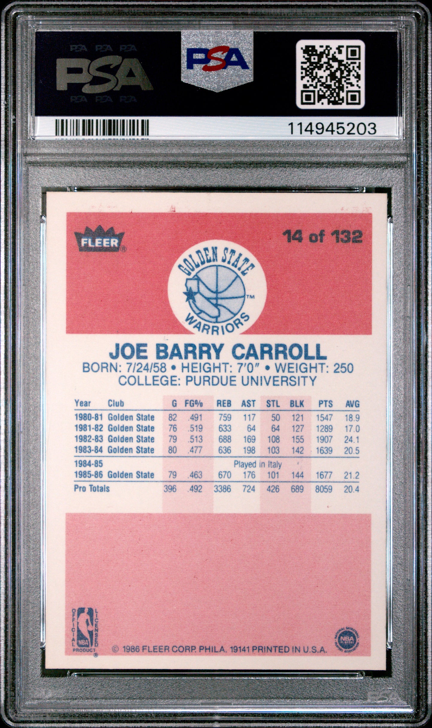 1986 Fleer Joe Barry Carroll #14 PSA 10