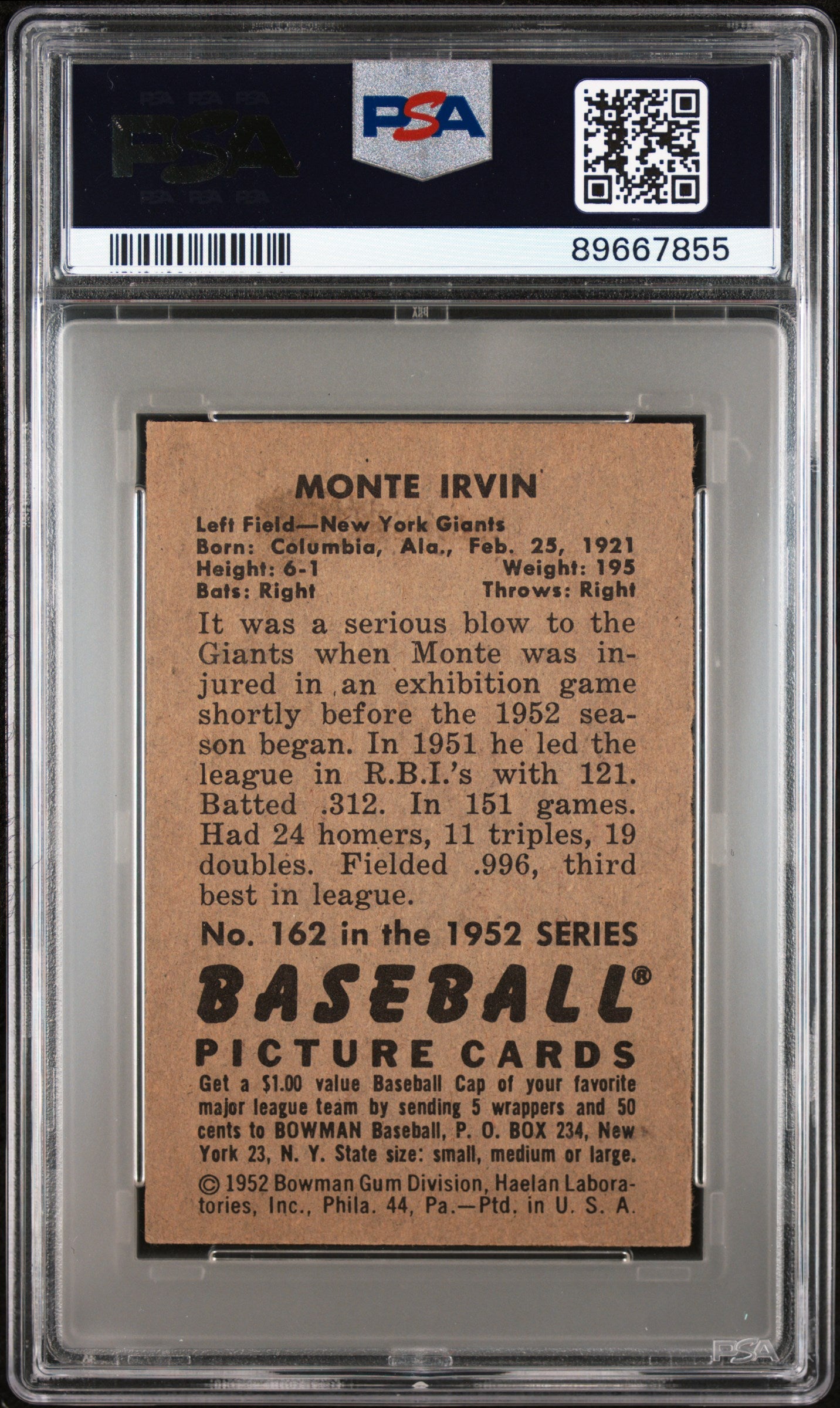 1952 Bowman Monte Irvin #162 PSA 6