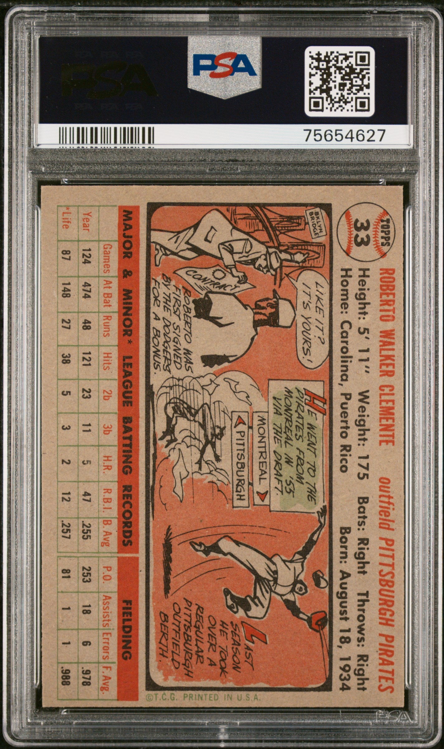 1956 Topps Roberto Clemente #33 Gray Back PSA 6