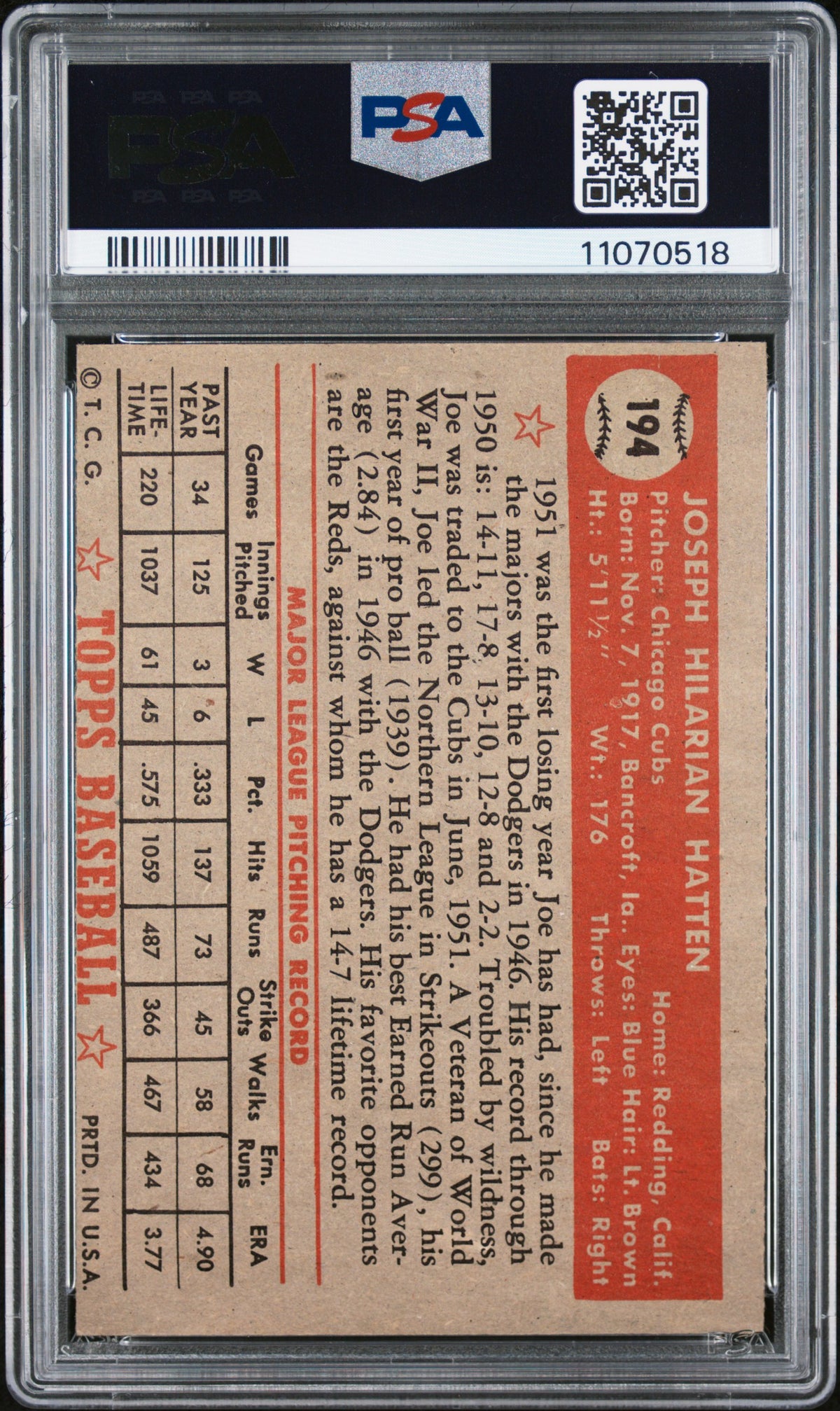 1952 Topps Joe Hatten #194 PSA 7