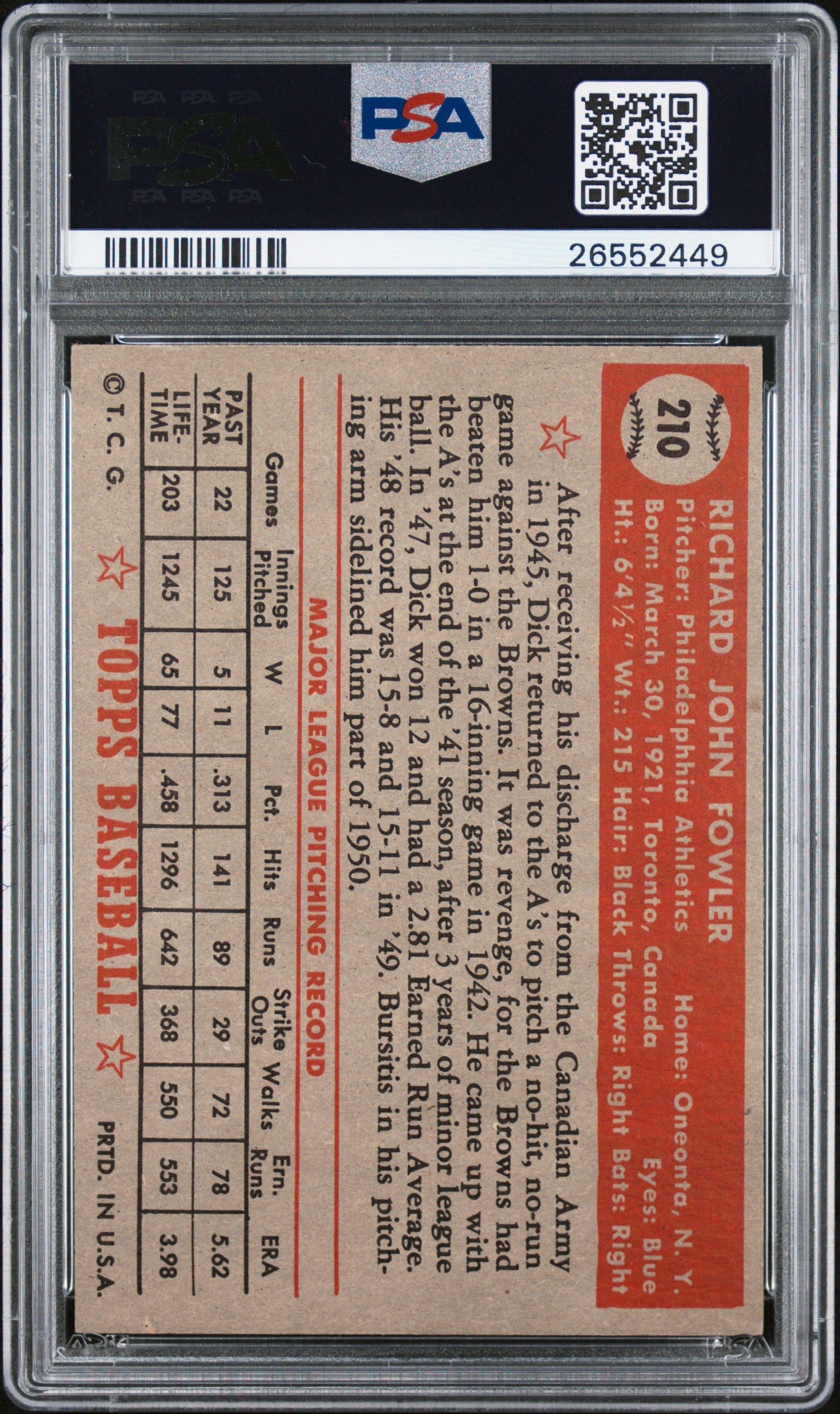 1952 Topps Dick Fowler #210 PSA 7
