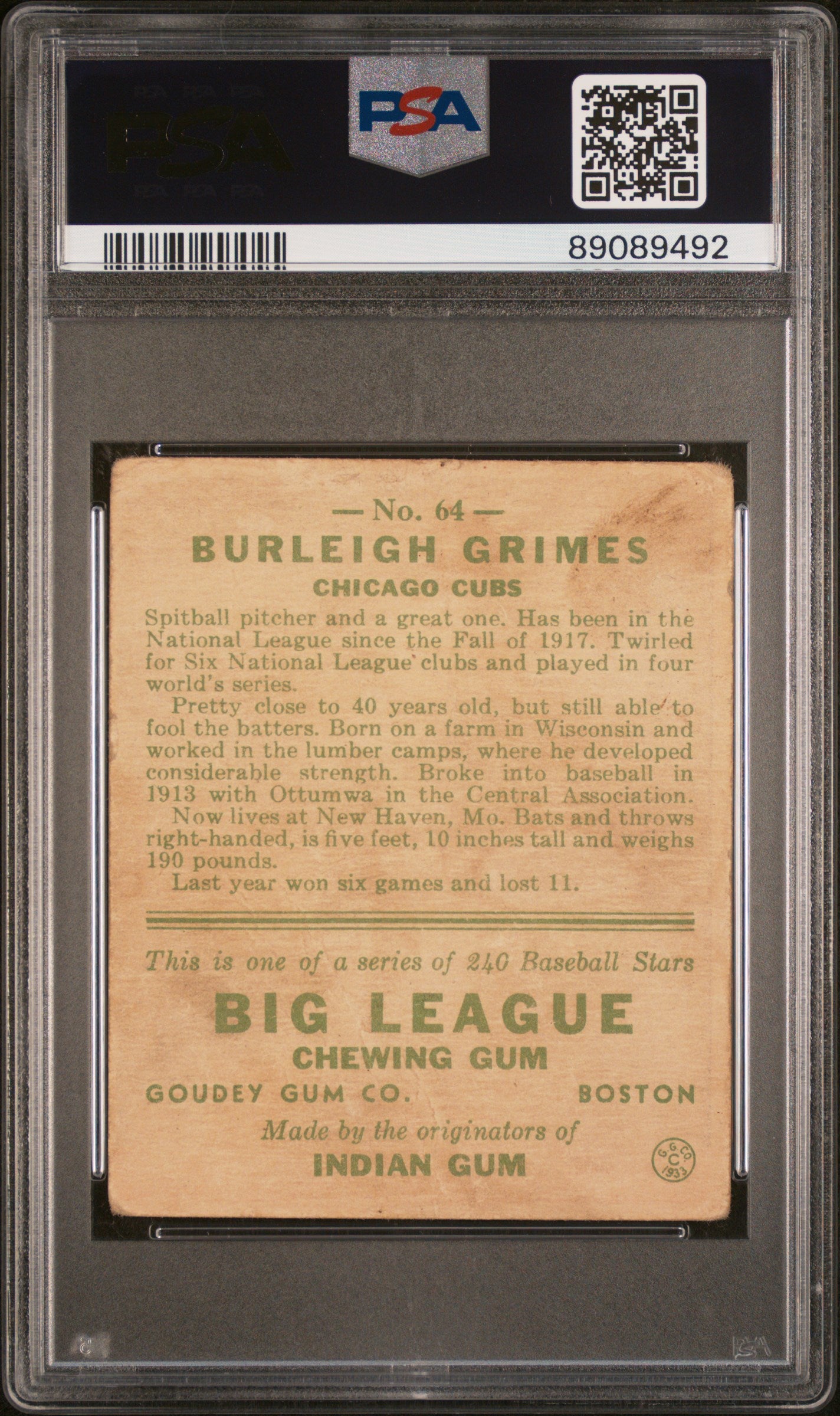 1933 Goudey Burleigh Grimes #64 PSA 1.5