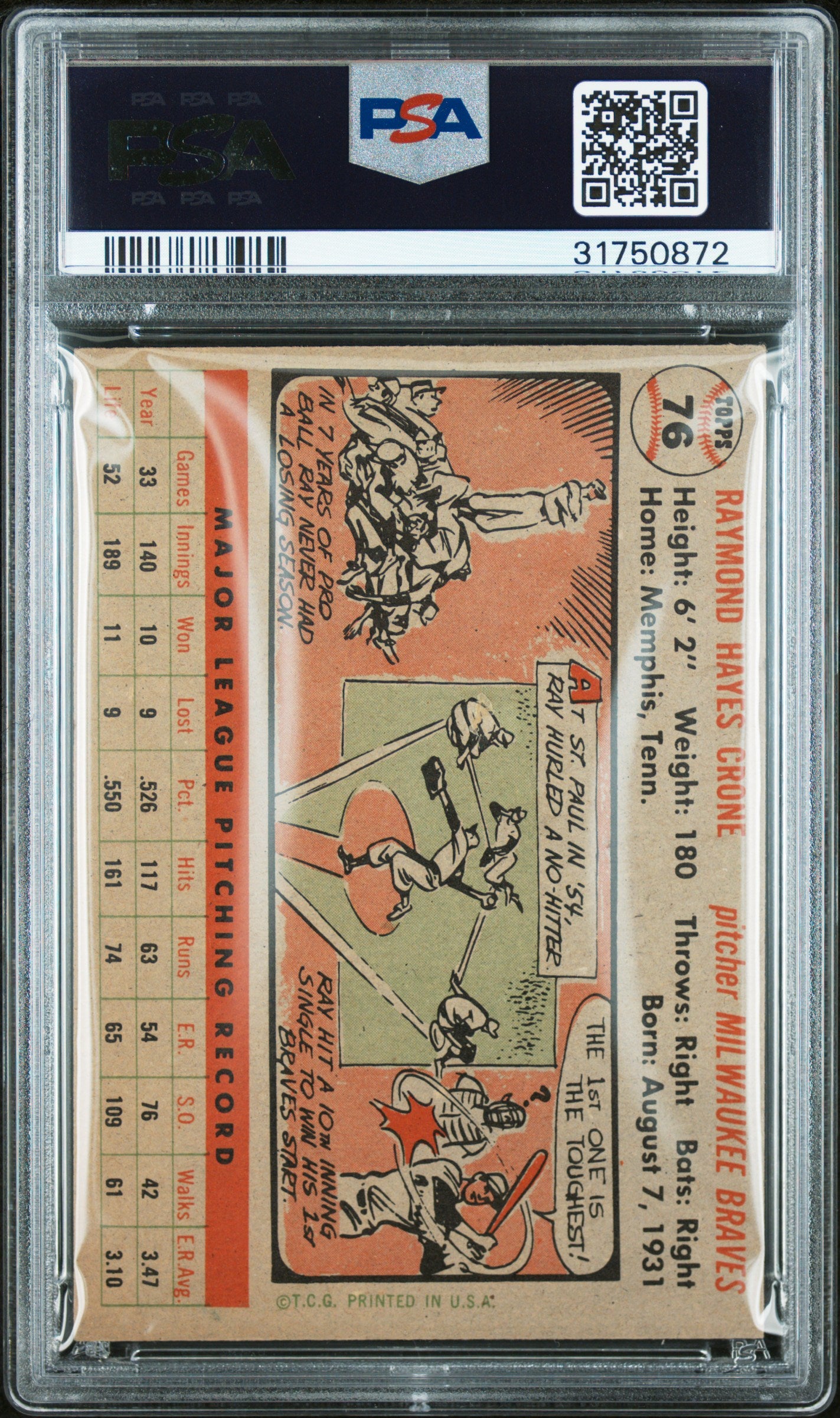 1956 Topps Ray Crone #76 Gray Back PSA 7