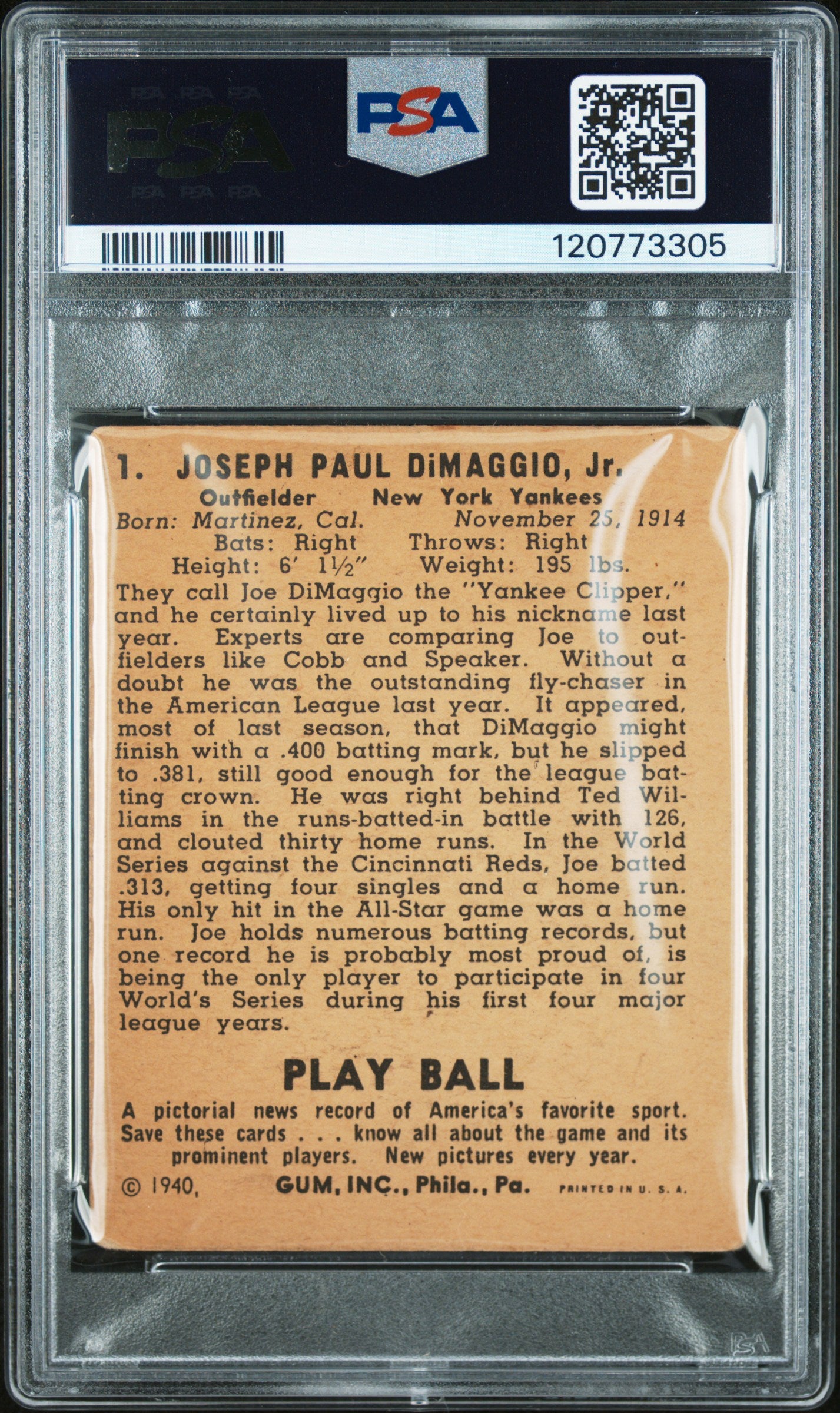 1940 Play Ball Joe Dimaggio #1 PSA 1.5