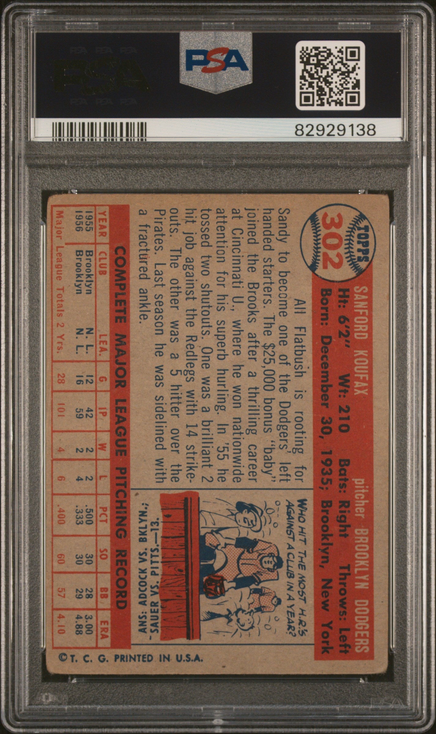 1957 Topps Sandy Koufax #302 PSA 1