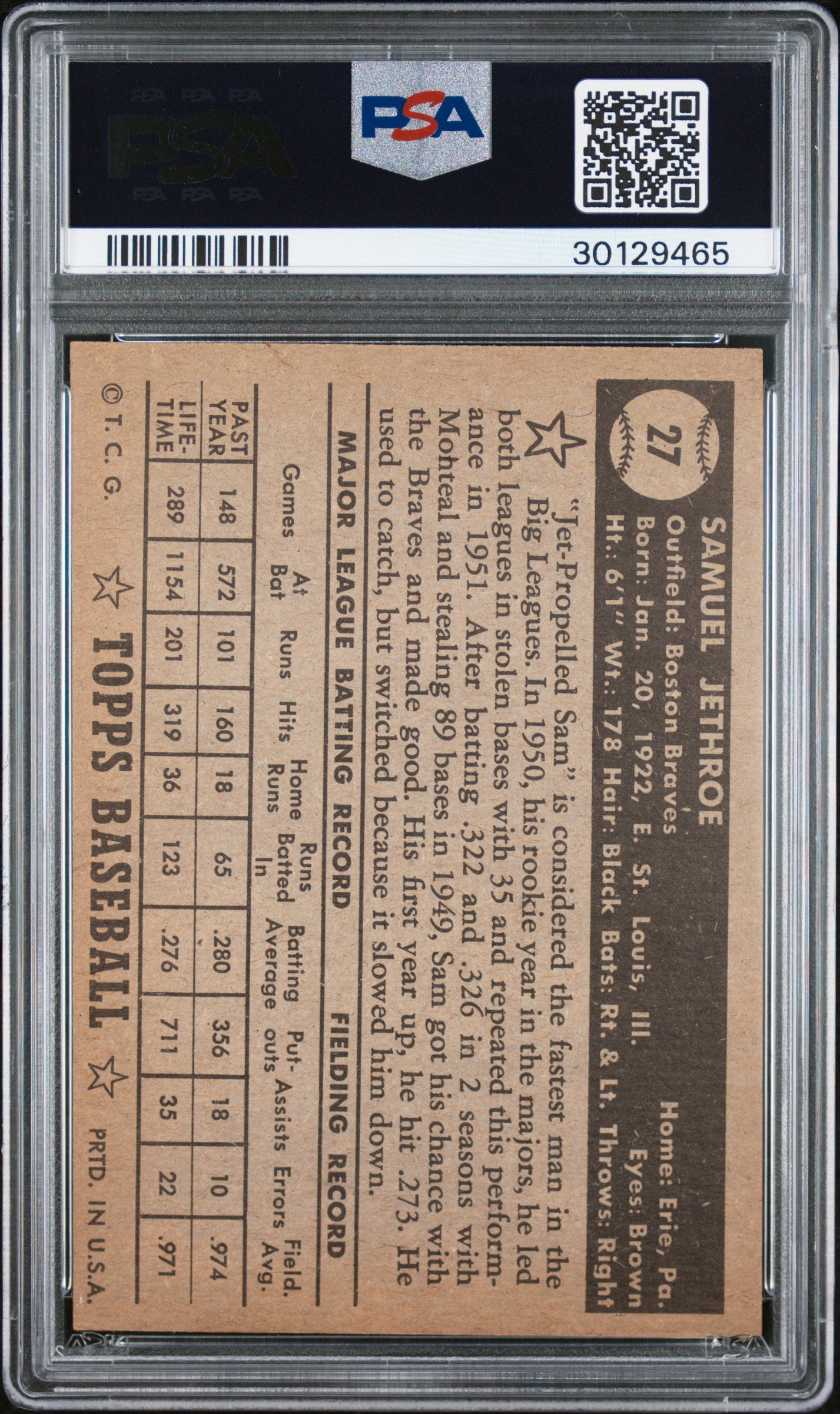 1952 Topps Sam Jethroe #27 Black Back PSA 7