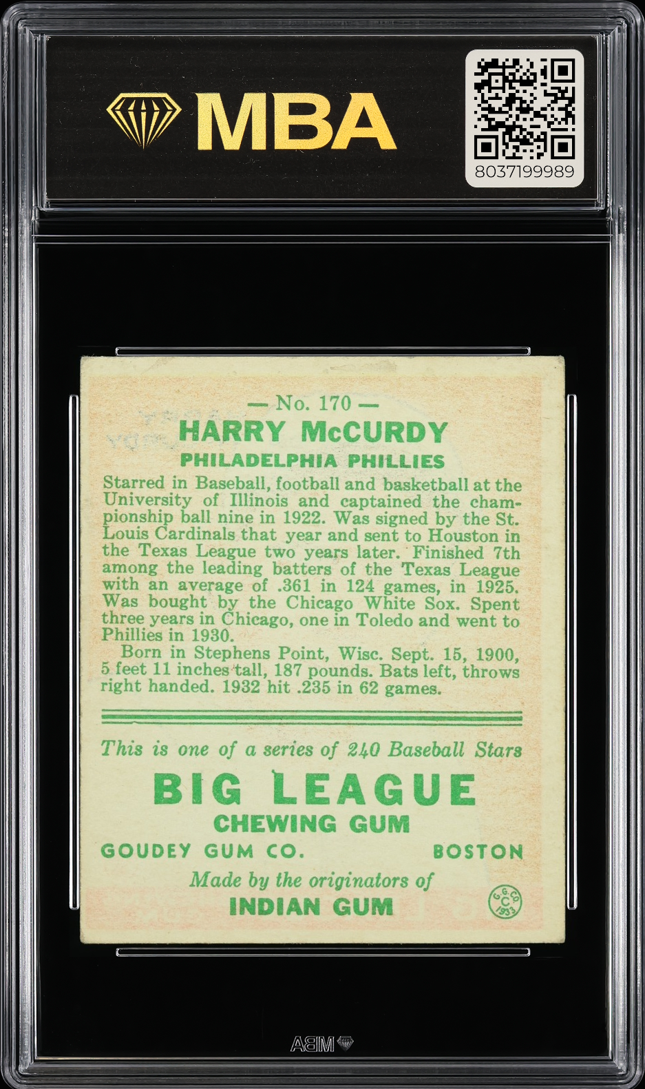 1933 Goudey Harry McCurdy #170 MBA 3