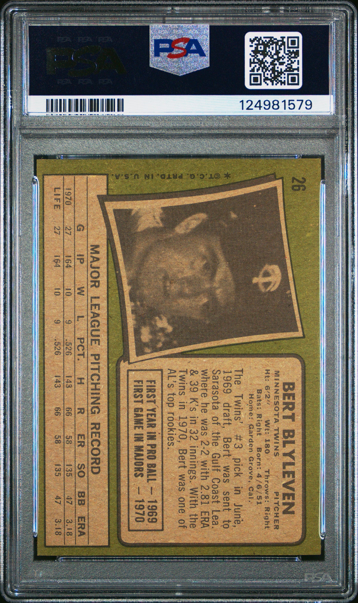 1971 Topps Bert Blyleven #26 PSA 7