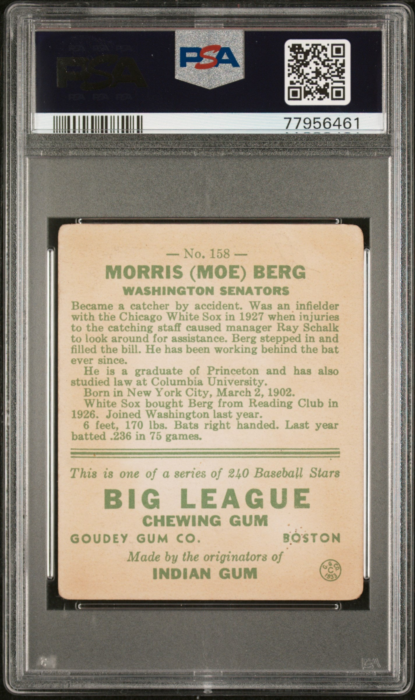 1933 Goudey Moe Berg #158 PSA 2.5