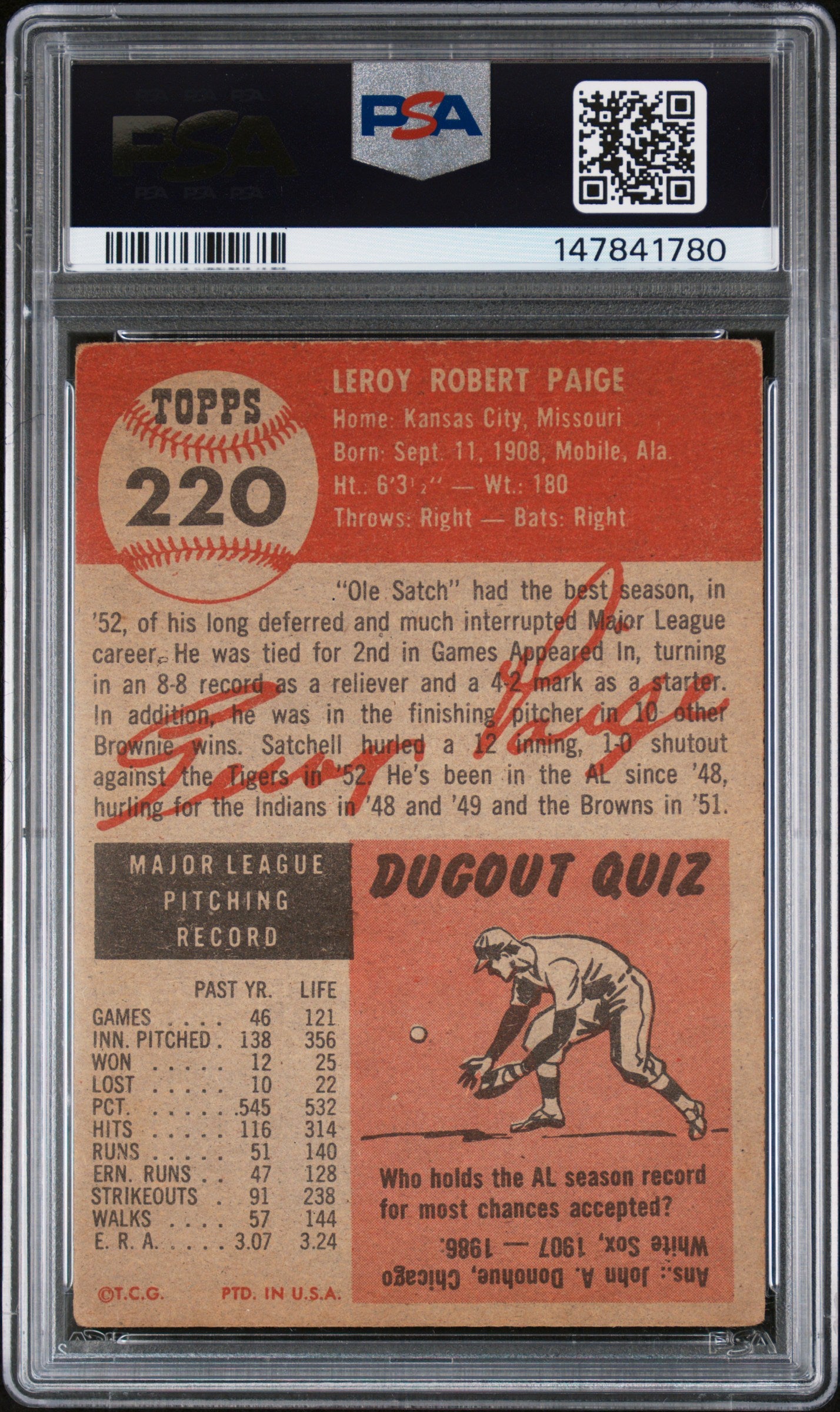 1953 Topps Satchell Paige #220 PSA 2