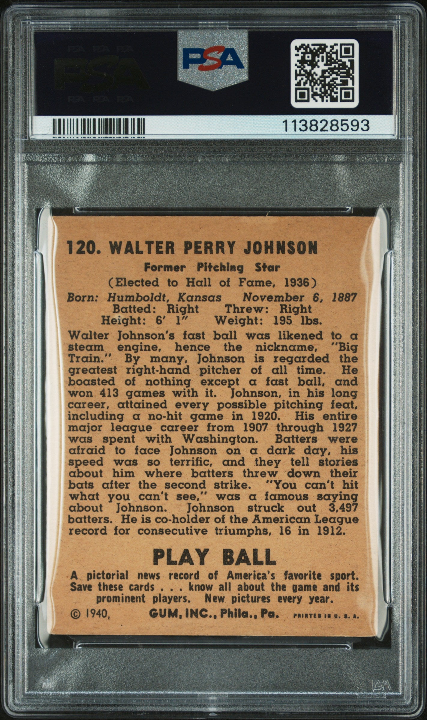 1940 Play Ball Walter Johnson #120 PSA 4