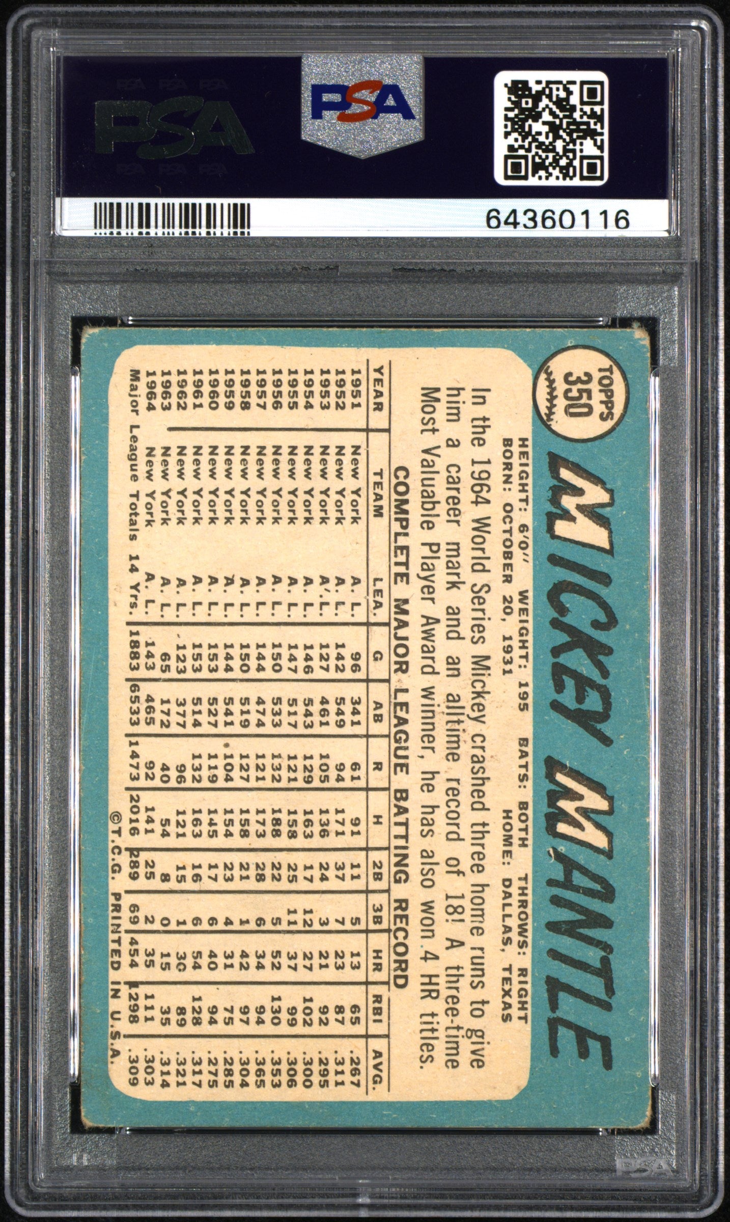 1965 Topps Mickey Mantle #350 PSA 1