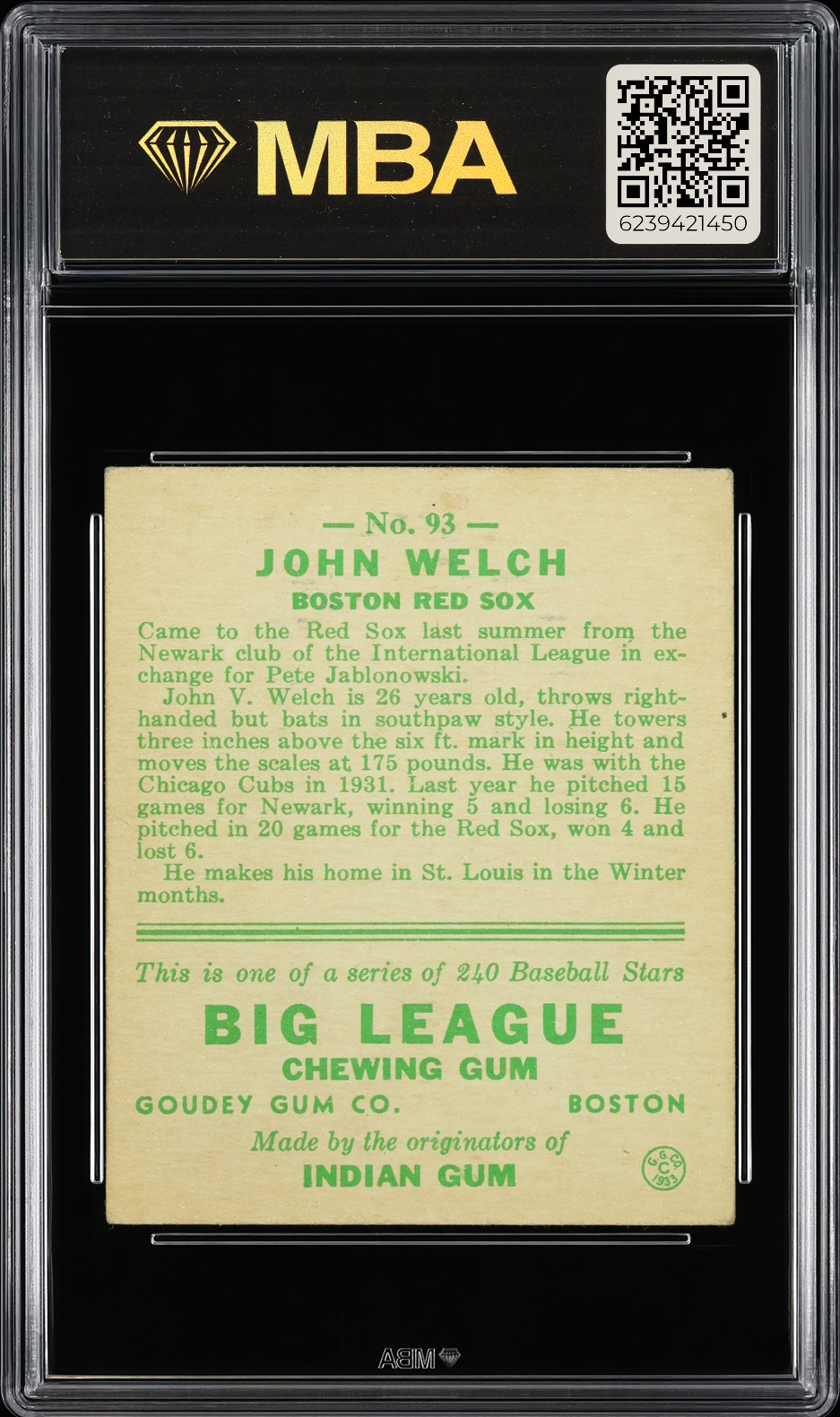1933 Goudey John Welch #93 MBA 4.5