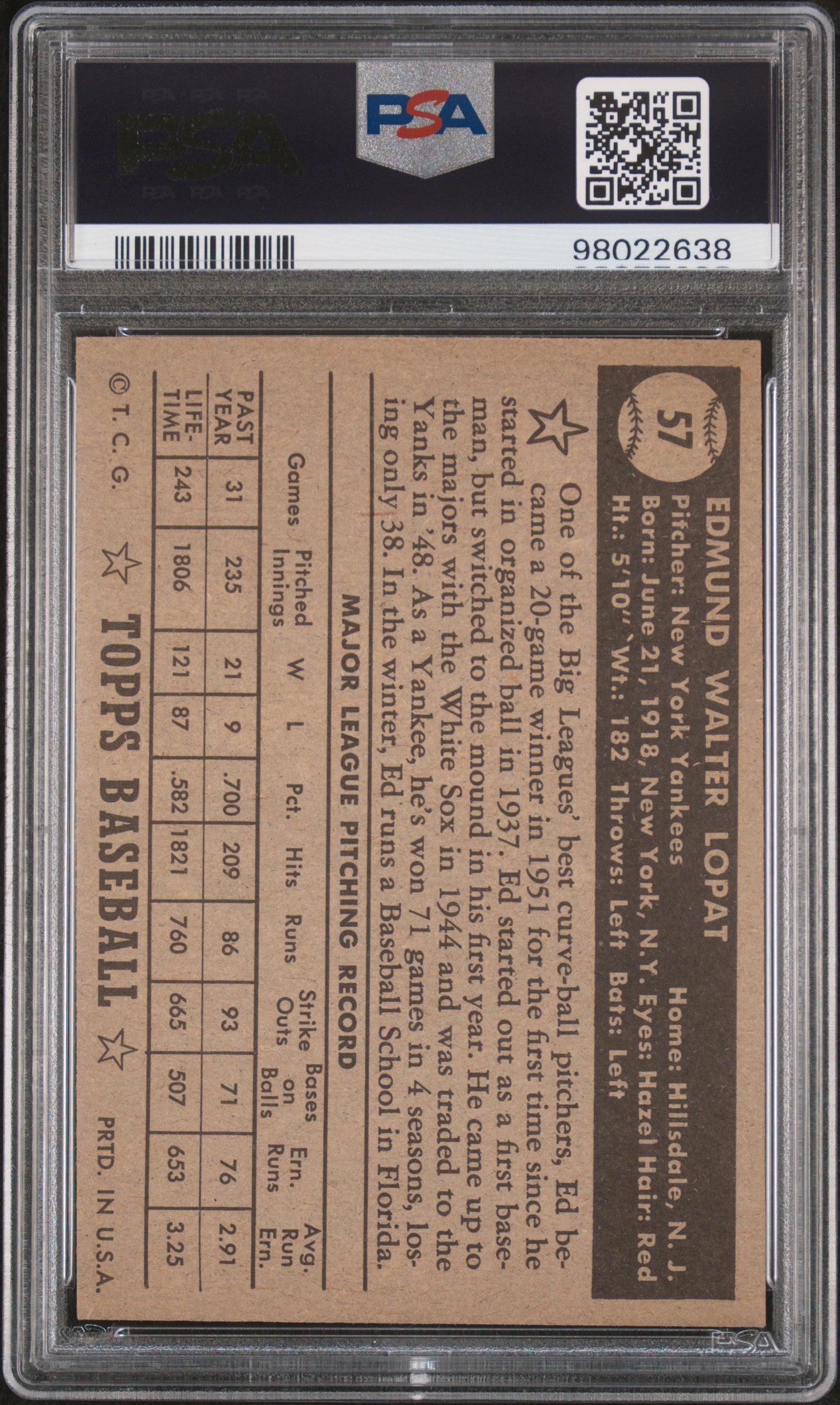 1952 Topps Ed Lopat #57 Black Back PSA 7